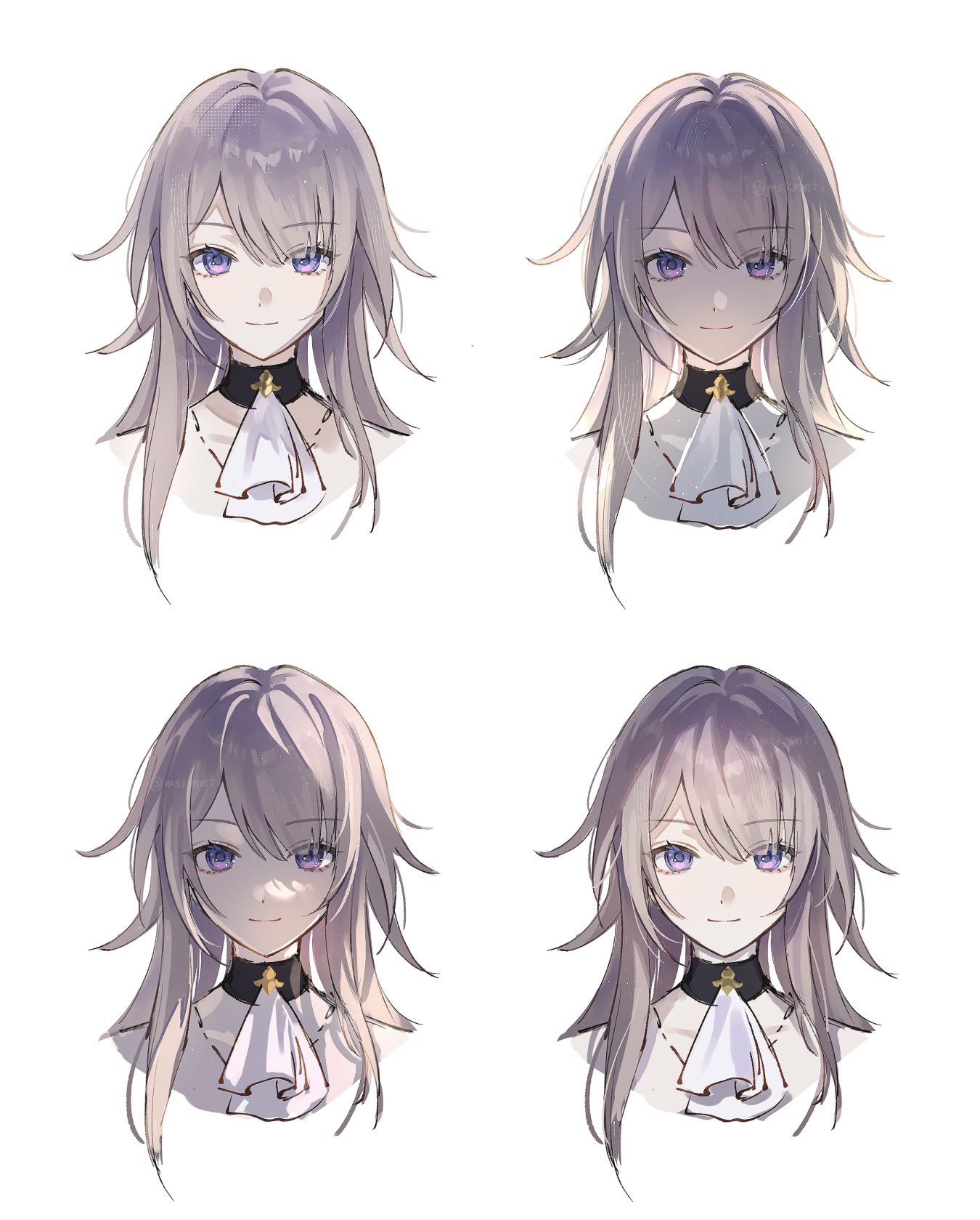 misaki (mskmmti), herta (honkai: star rail), the herta (honkai: star rail), honkai: star rail, honkai (series), highres, 1girl, ascot, black choker, choker, grey hair, long hair, looking at viewer, multiple views, no headwear, purple eyes, simple background, smile, white ascot, white background
