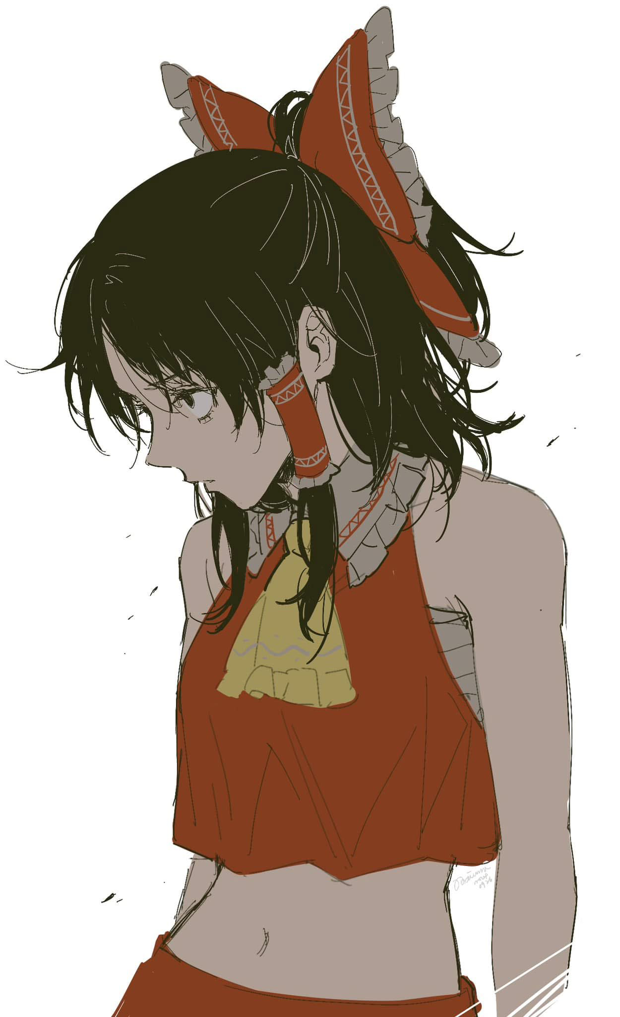 noriuma, hakurei reimu, touhou, commentary request, highres, 1girl, ascot, bare shoulders, black hair, bow, chest sarashi, crop top, frilled bow, frilled hair tubes, frills, gohei, hair bow, hair tubes, long hair, looking to the side, messy hair, midriff, navel, no detached sleeves, nose, parted lips, red bow, ribbon, ribbon trim, sarashi, simple background, solo, white background, yellow ascot