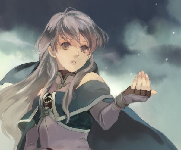 hanakago, micaiah (fire emblem), fire emblem, fire emblem: radiant dawn, nintendo, silver hair, 1girl, cape, dress, female focus, gloves, half updo, long hair, ribbon, snow, solo, turtleneck, turtleneck dress, yellow eyes