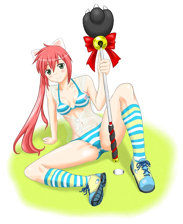 hana, uron-rei, hana (pangya), pangya, 1girl, animal ears, bikini, cat ears, female focus, golf club, legs, long hair, pink hair, ponytail, see-through clothes, solo, spread legs, swimsuit