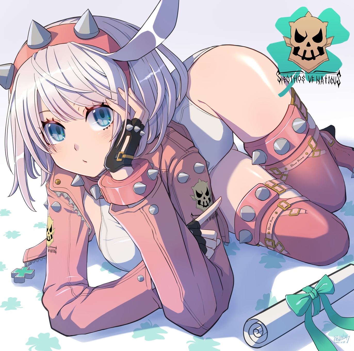 mariebell, elphelt valentine, guilty gear, guilty gear strive, highres, 1girl, black gloves, blue eyes, breasts, fingerless gloves, gloves, grey hair, hairband, hand on own face, jacket, large breasts, leotard, pink hairband, pink jacket, short hair, simple background, solo, spiked gloves, spiked hairband, spikes, white background, white leotard
