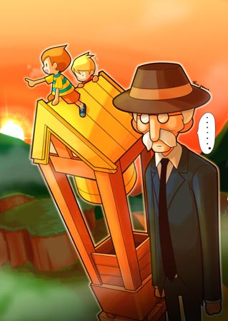 claus (mother 3), leder, lucas (mother 3), mother (series), mother 3, nintendo, lowres, 3boys, blonde hair, brown hair, facial hair, formal clothes, glasses, hat, male focus, multiple boys, mustache, quiff, siblings, suit, twins
