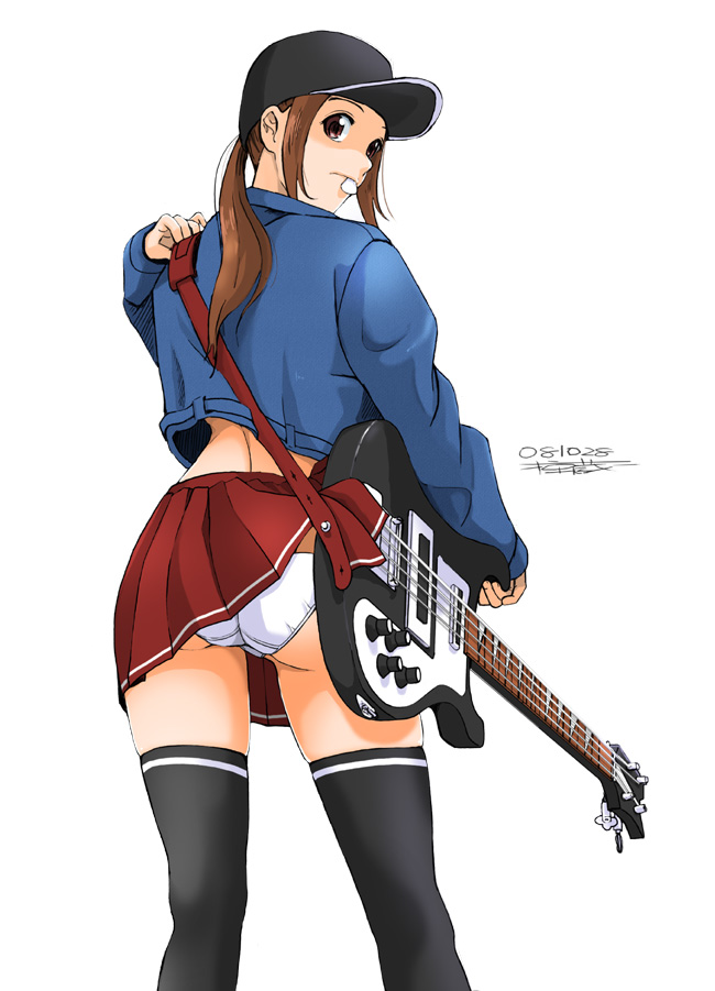 ryouzou, original, 1girl, ass, back, baseball cap, bass guitar, brown eyes, brown hair, clothes lift, female focus, guitar, hat, instrument, jacket, long hair, looking back, miniskirt, mouth hold, panties, pantyshot, ponytail, red eyes, rickenbacker, simple background, skirt, skirt lift, solo, thighhighs, underwear, white panties