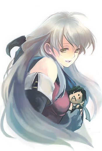 hanakago, micaiah (fire emblem), sothe (fire emblem), fire emblem, fire emblem: radiant dawn, nintendo, silver hair, 1girl, bare shoulders, blue scarf, character doll, doll, elbow gloves, female focus, gloves, long hair, ribbon, scarf, simple background, smile, solo, white background, yellow eyes