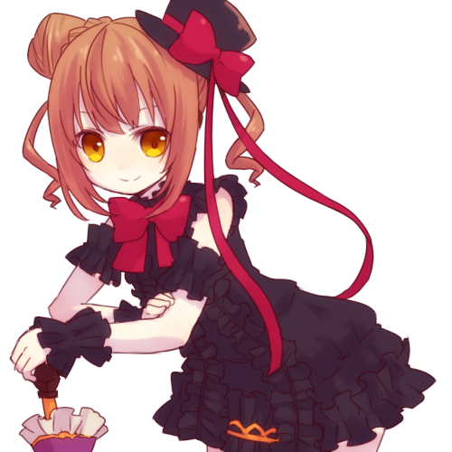 emil chronicle online, lowres, 1girl, armband, black armband, black dress, black hat, black wrist cuffs, brown hair, dress, frilled armband, frilled dress, frilled wrist cuffs, frills, hair bun, hat, hat ribbon, holding, holding umbrella, looking at viewer, orange eyes, red ribbon, ribbon, smile, solo, tarou 4, umbrella, umbrella alma, white background, wrist cuffs