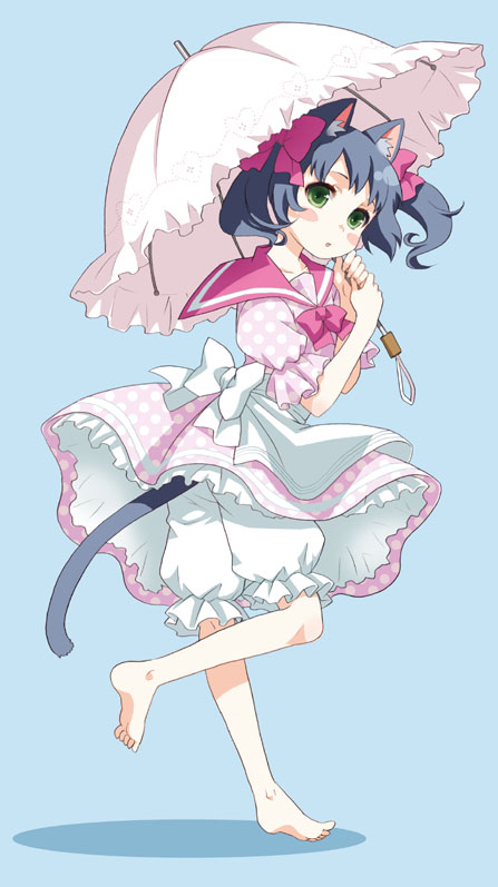 mattaku mousuke, original, 1girl, animal ears, barefoot, bloomers, blue hair, blush stickers, bow, cat ears, cat tail, feet, female focus, full body, green eyes, parasol, polka dot, simple background, soles, solo, tail, toes, twintails, umbrella, underwear, walking, white bloomers