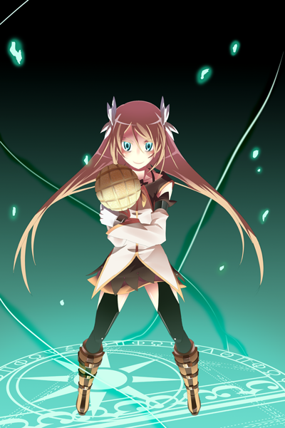 marta lualdi, tales of (series), tales of symphonia, tales of symphonia: dawn of the new world, 00s, 1girl, aqua background, boots, brown hair, female focus, flower, gloves, green eyes, knee boots, long hair, magic circle, smile, solo, thighhighs