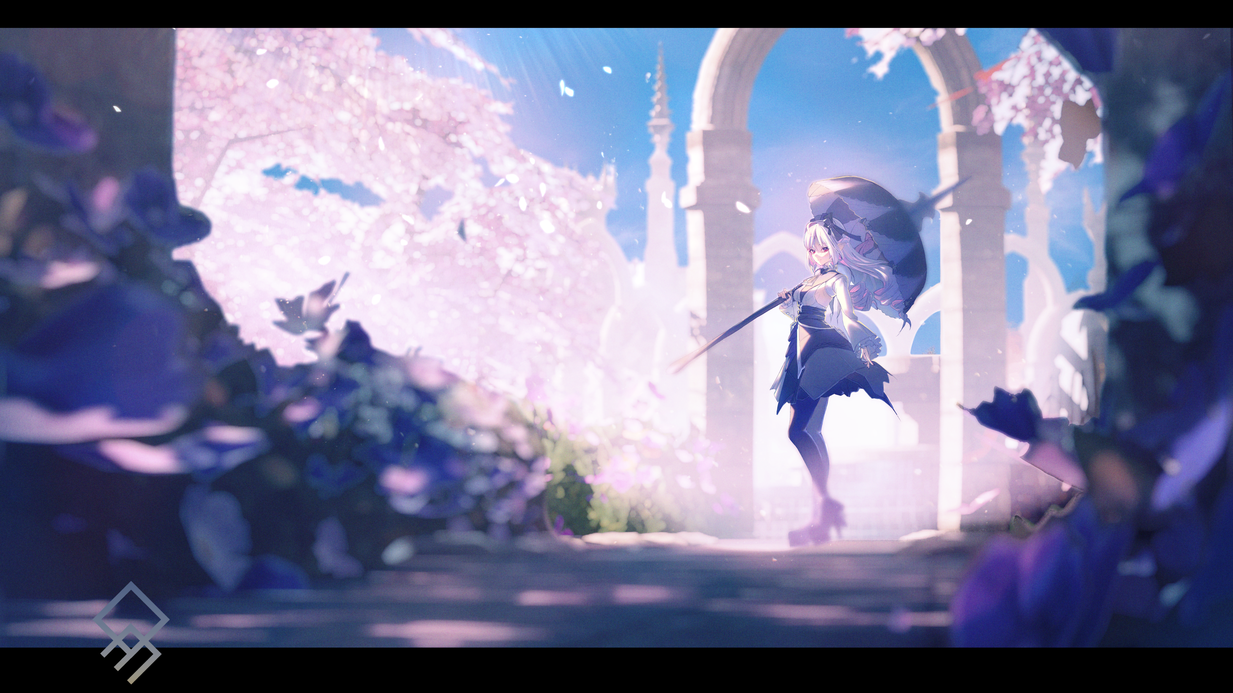 quragenomiken, vivian banshee, zenless zone zero, absurdres, highres, 1girl, black border, black dress, black pantyhose, blue sky, border, cherry blossoms, dress, floating hair, grey hair, holding, holding umbrella, long hair, looking at viewer, outdoors, pantyhose, pointy ears, red eyes, shirt, sidelocks, sky, solo, umbrella, very long hair, white shirt