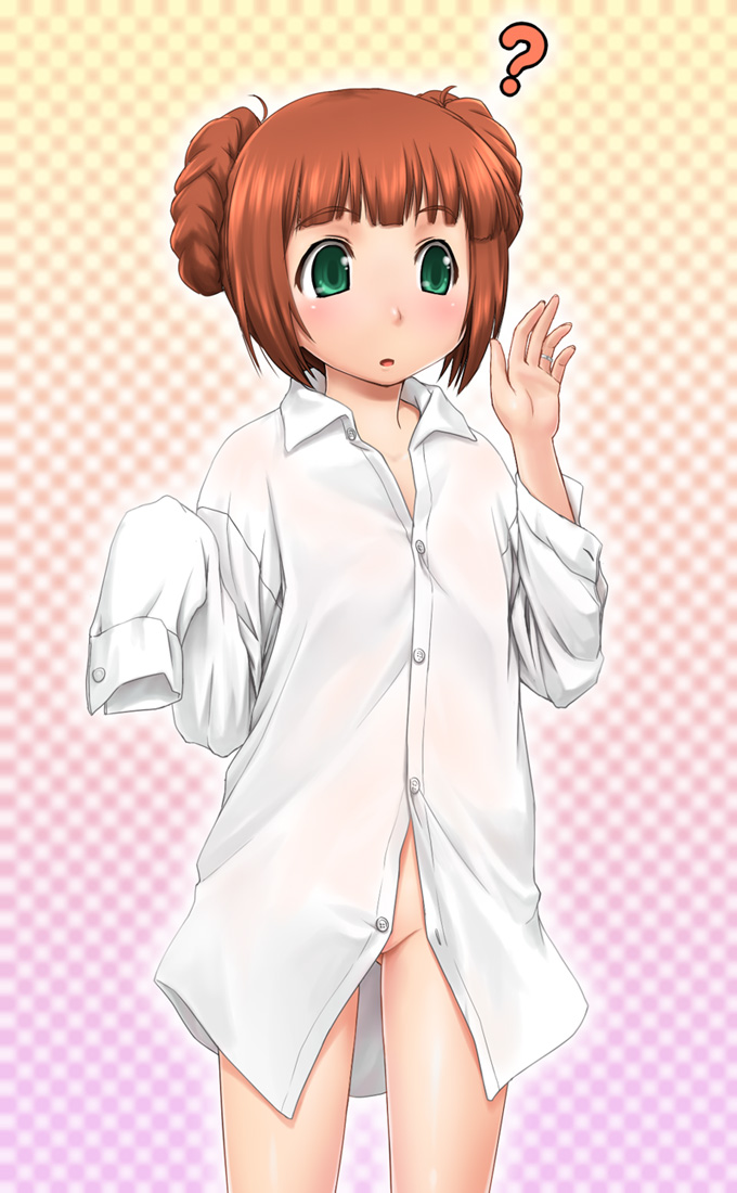 zanzi, takatsuki yayoi, idolmaster, idolmaster (classic), idolmaster 1, 00s, 1girl, ?, alternate hairstyle, bottomless, brown hair, dress shirt, female focus, green eyes, loli, no panties, oversized clothes, partially visible vulva, petite, shirt, short hair, solo