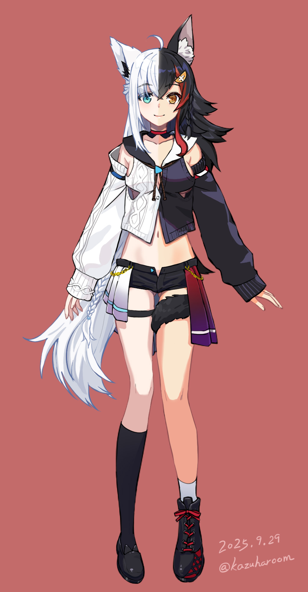 haruyama kazunori, animal ear fluff, animal ears, asymmetrical legwear, black hair, breasts, choker, cleavage, collarbone, hair ornament, hairpin, heterochromia, multicolored hair, navel, sideboob, split-color hair, tail, underboob, white hair