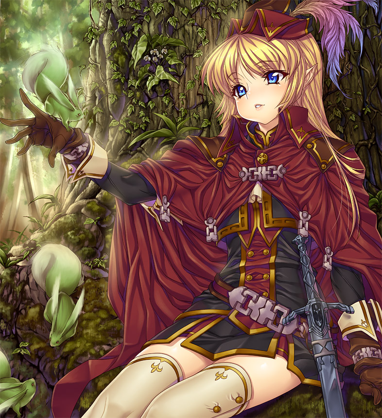 kink (tortoiseshell), blonde hair, blue eyes, cape, gloves, hat, long hair, pointy ears, sitting, solo, sword, thighhighs, weapon, zettai ryouiki