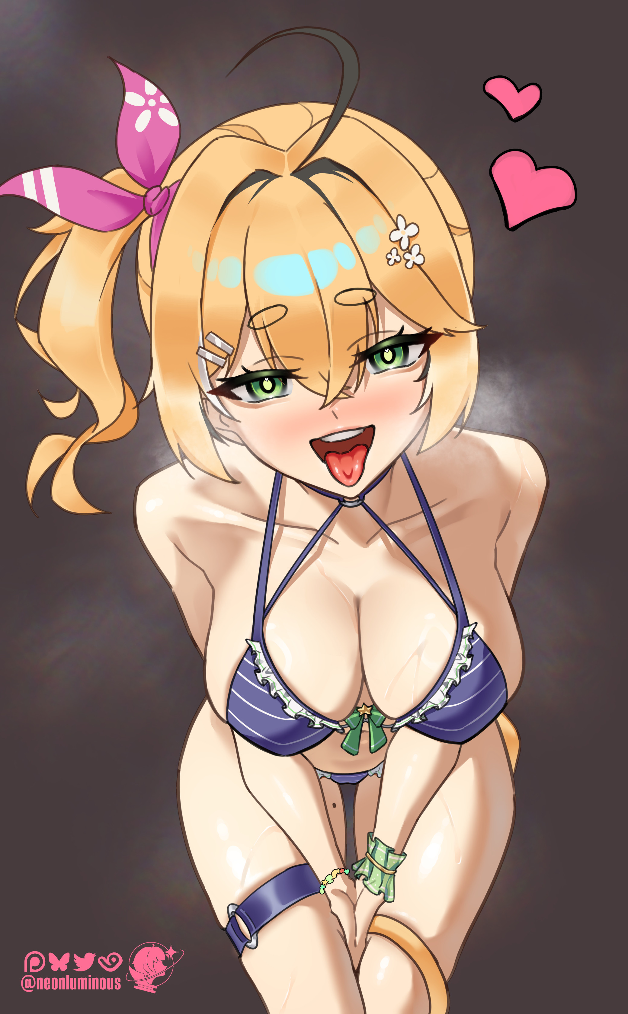 neon luminous, dooby, dooby (summer), indie virtual youtuber, absurdres, highres, 1girl, ahoge, bare shoulders, bent over, bikini, blonde hair, breasts, breath, cleavage, collarbone, green eyes, grey background, hair ornament, hair ribbon, hairclip, large breasts, medium hair, mole, mole on thigh, mouse tail, navel, ribbon, short eyebrows, side ponytail, solo, steaming body, swimsuit, tail, thigh strap, tongue, tongue out, virtual youtuber