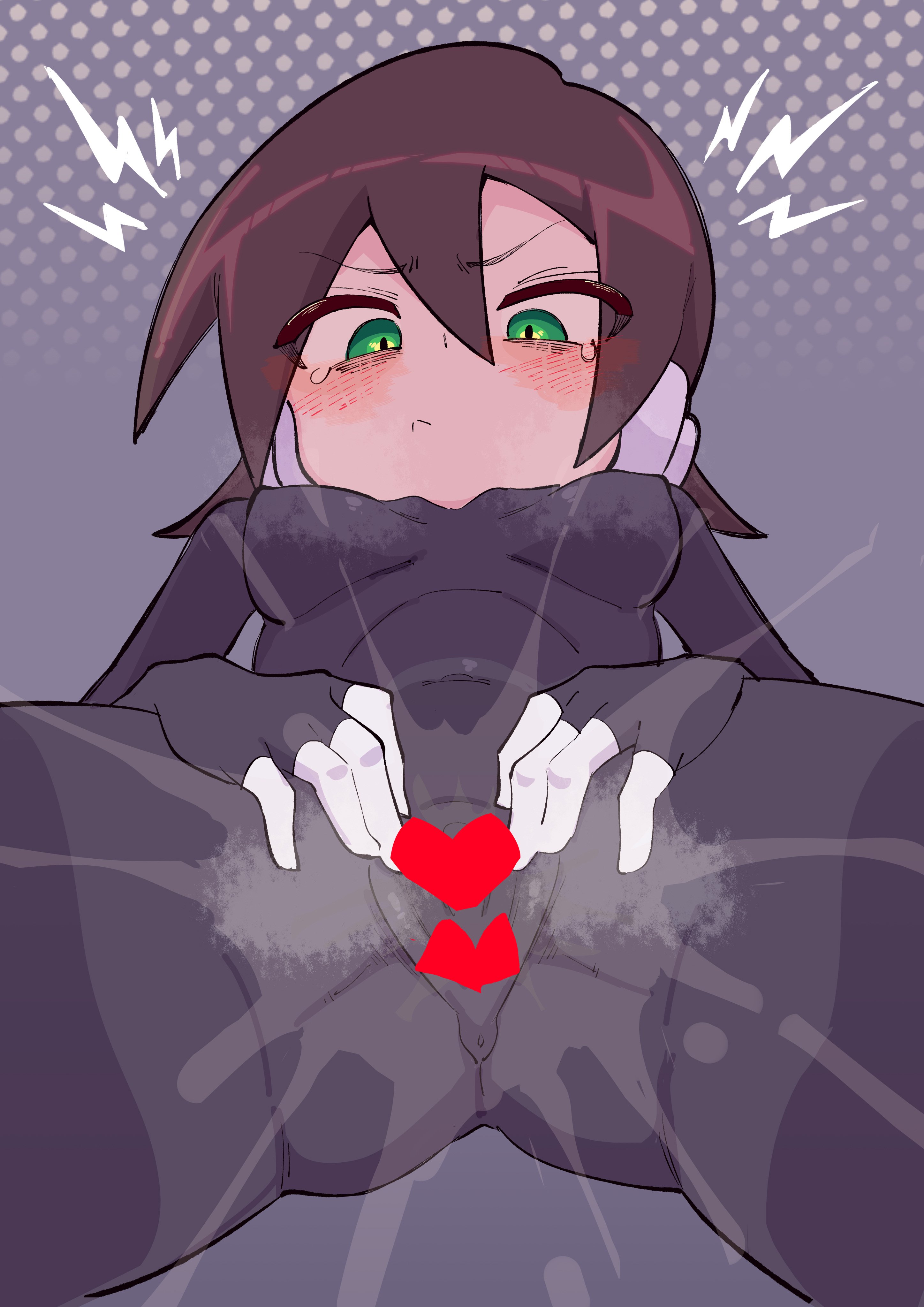 buzzlyears, aile (mega man zx), mega man (series), mega man zx, absurdres, highres, 1girl, black bodysuit, blush, bodysuit, breasts, brown hair, censored, cowboy shot, from below, green eyes, grey background, heart, heart censor, looking down, pussy juice, robot ears, short hair, simple background, small breasts, solo, spread pussy, tears