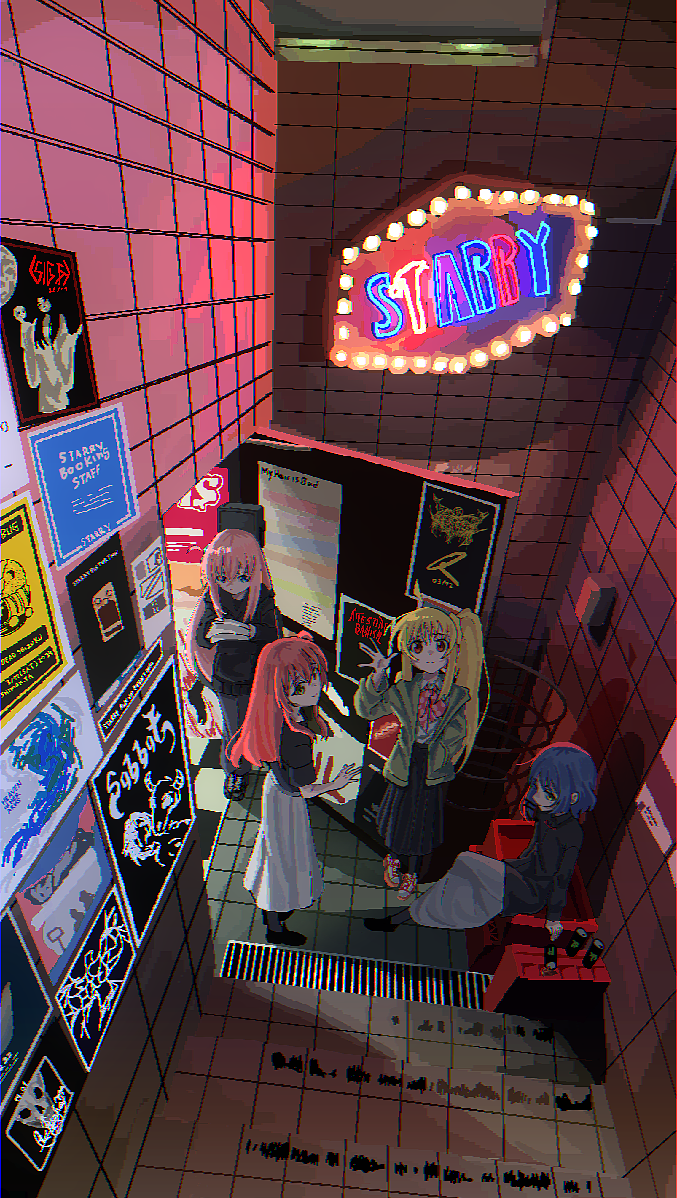 irreligiositat, gotoh hitori, ijichi nijika, kita ikuyo, yamada ryo, bocchi the rock!, monster energy, absurdres, commentary, english commentary, highres, 4girls, ahoge, black boots, black shirt, black sweater, blonde hair, blue eyes, blue hair, boots, bow, bowtie, can, collared shirt, door, english text, grate, green jacket, grey pants, guitar case, hair ornament, instrument case, jacket, kessoku band, long hair, long skirt, looking at viewer, multiple girls, open door, open hand, pants, pink hair, ponytail, poster (object), red bow, red bowtie, red eyes, red hair, sewer grate, shirt, shoes, short hair, side ponytail, skirt, smile, stairs, sweater, waving, white shirt, white shoes, white skirt, yellow eyes