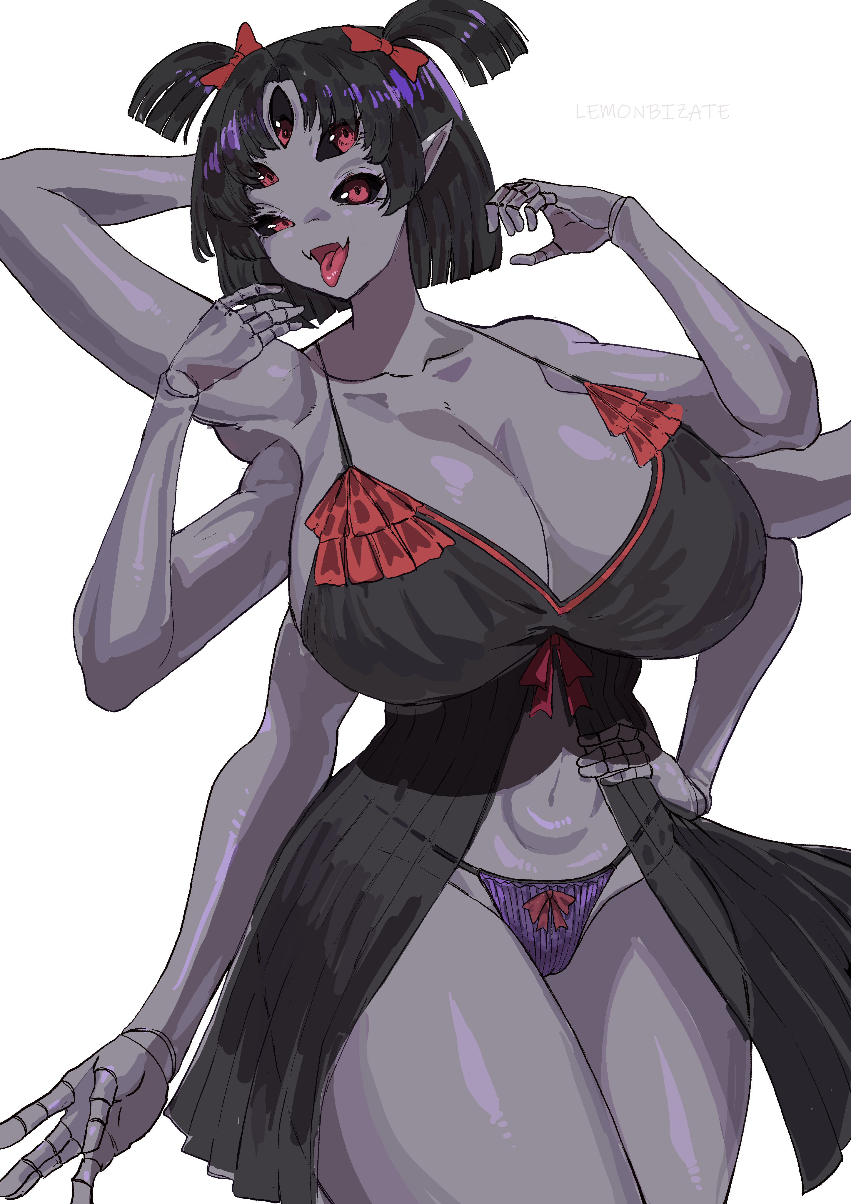muffet, undertale, utdr (toby fox), 1girl, breasts, cleavage, colored skin, extra arms, extra eyes, mature female, monster girl, nightgown, purple skin, thick thighs, thighs, underwear
