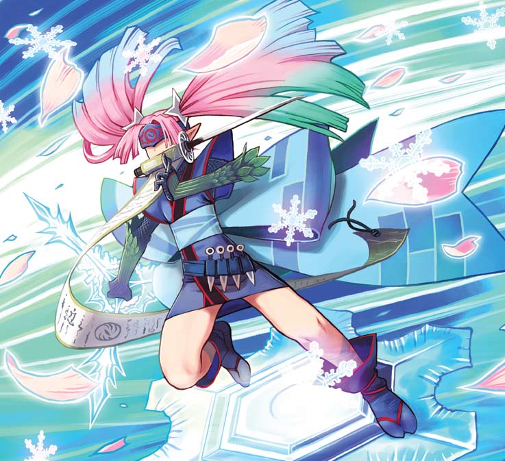 ryoji (nomura ryouji), 1girl, female focus, gloves, mouth hold, ninja, pink hair, scroll, snowflakes, solo, sword, twintails, weapon