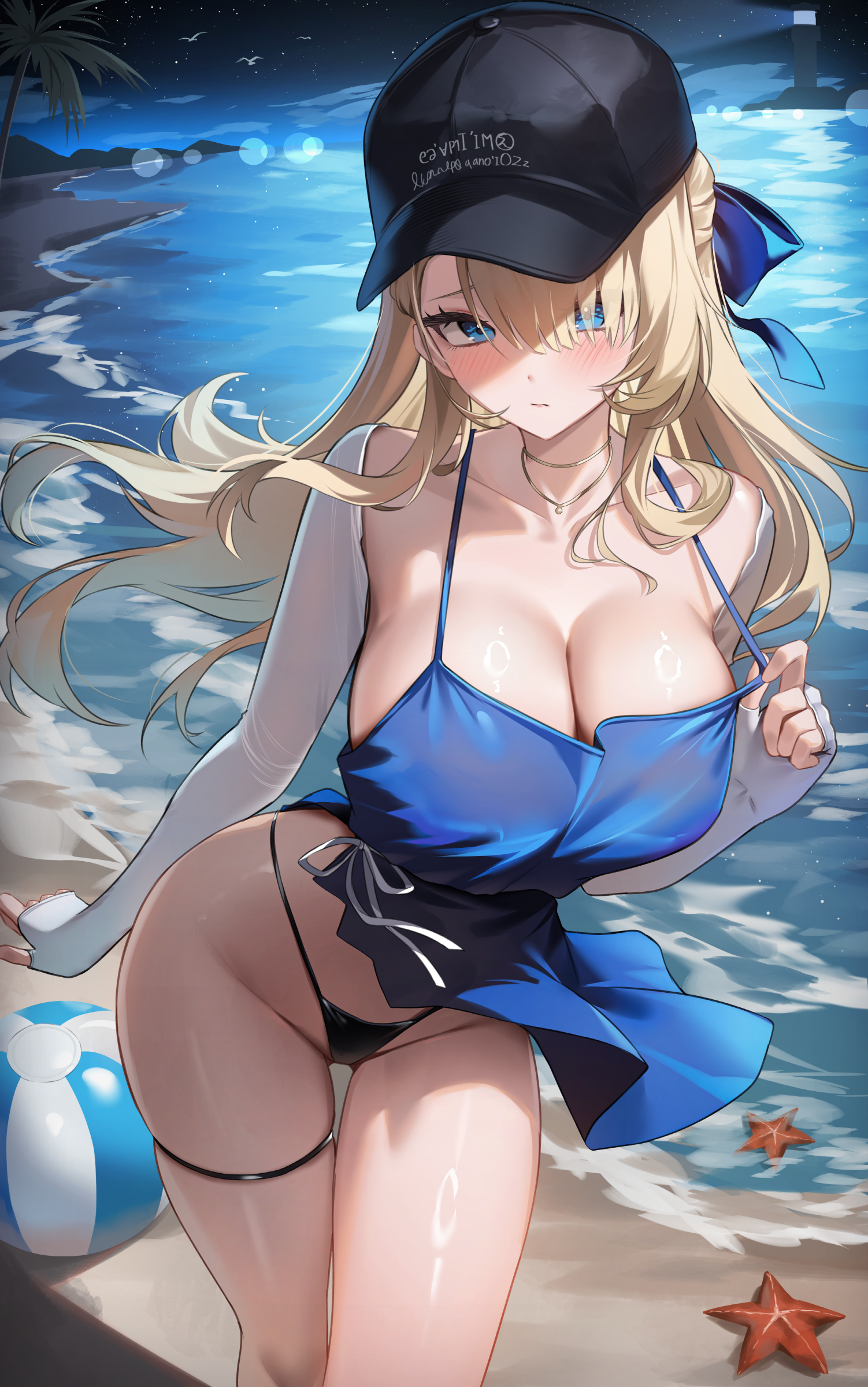 shuvi (shuvi1125), wilhelmina (brown dust), wilhelmina (water park queen) (brown dust), brown dust (series), brown dust 2, absurdres, highres, 1girl, beach, bikini, black bikini, black hat, blonde hair, blue eyes, breasts, cleavage, cloud, elbow gloves, fingerless gloves, gloves, hat, large breasts, looking at viewer, ocean, outdoors, sky, solo, standing, swimsuit, thigh strap, thighs, white gloves