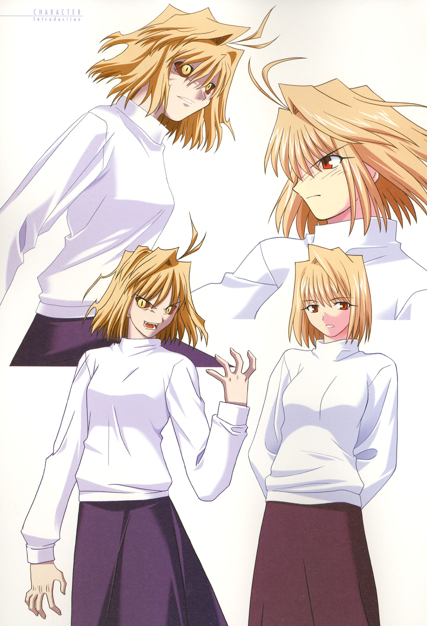 takeuchi takashi, arcueid brunestud, red arcueid, melty blood, tsukihime, type-moon, highres, scan, 00s, 1girl, blonde hair, dual persona, english text, long skirt, purple skirt, red eyes, short hair, skirt, sweater, yellow eyes