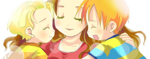 claus (mother 3), hinawa, lucas (mother 3), mother (series), mother 3, nintendo, bad id, bad pixiv id, 1girl, 2boys, blonde hair, brown hair, family, hug, long hair, multiple boys, shirt, siblings, smile, striped clothes, striped shirt, twins