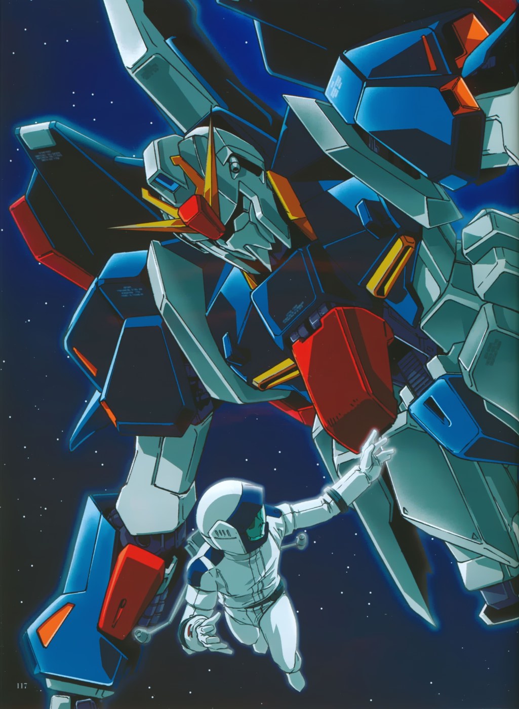 kamille bidan, zeta gundam (mobile suit), gundam, zeta gundam, pilot suit, highres, scan, helmet, male focus, mecha, mecha pilot suit, normal suit (gundam), robot, space