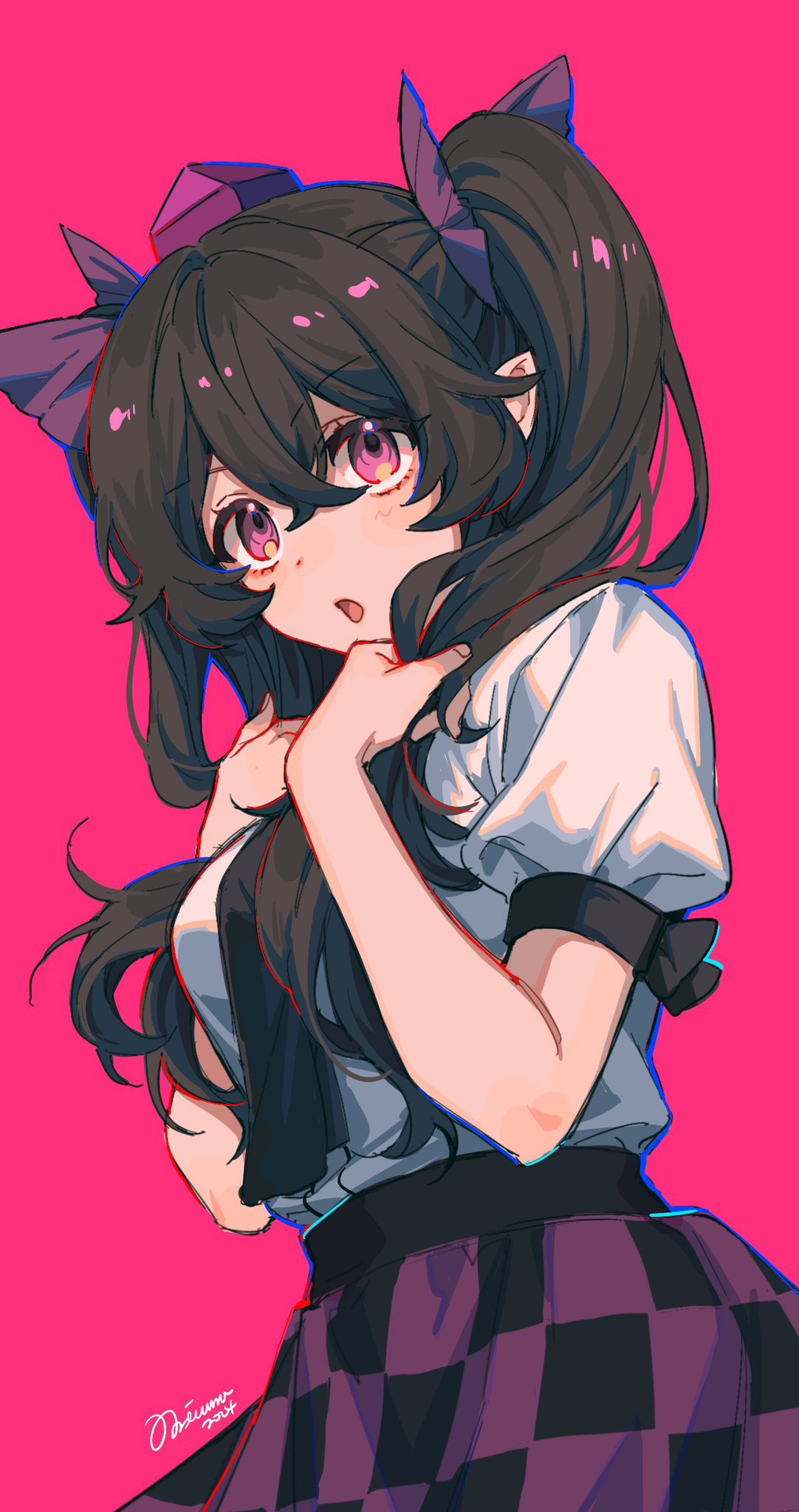 noriuma, himekaidou hatate, touhou, commentary request, highres, making-of available, 1girl, :o, black skirt, bow, breasts, brown hair, bunching hair, checkered clothes, checkered skirt, cowboy shot, crossed bangs, hair between eyes, hair bow, hand in own hair, hands in own hair, hat, holding, holding own hair, long hair, looking at viewer, medium breasts, open mouth, pink background, pink eyes, pointy ears, puffy short sleeves, puffy sleeves, purple bow, purple hat, purple skirt, shirt, shirt tucked in, short sleeves, simple background, skirt, solo, tokin hat, twintails, white shirt