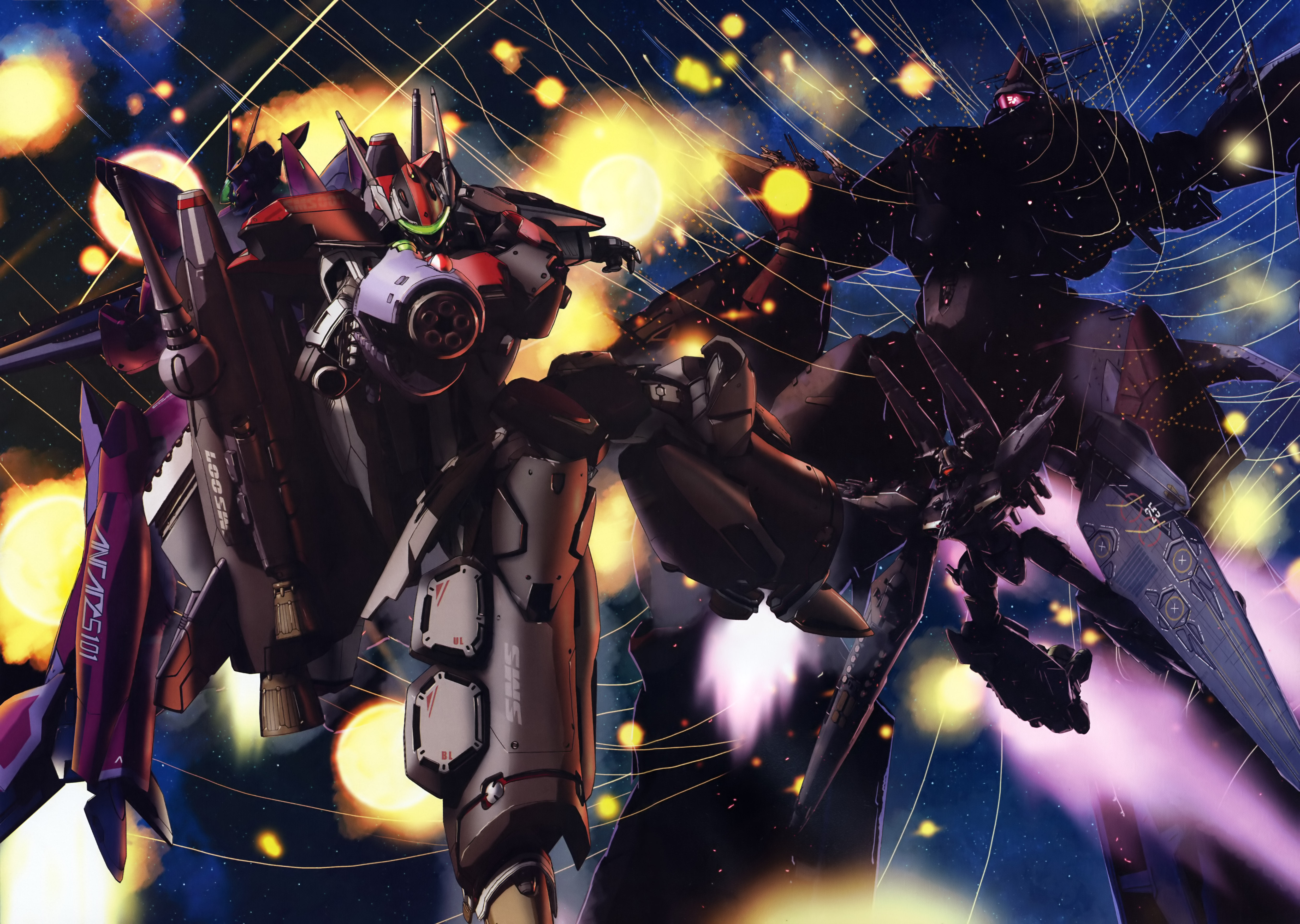 battle frontier, macross quarter, vf-25, vf-27, macross, macross frontier, absurdres, highres, scan, 00s, aiming, aiming at viewer, back-to-back, battle, explosion, gunpod, mecha, no humans, robot, space