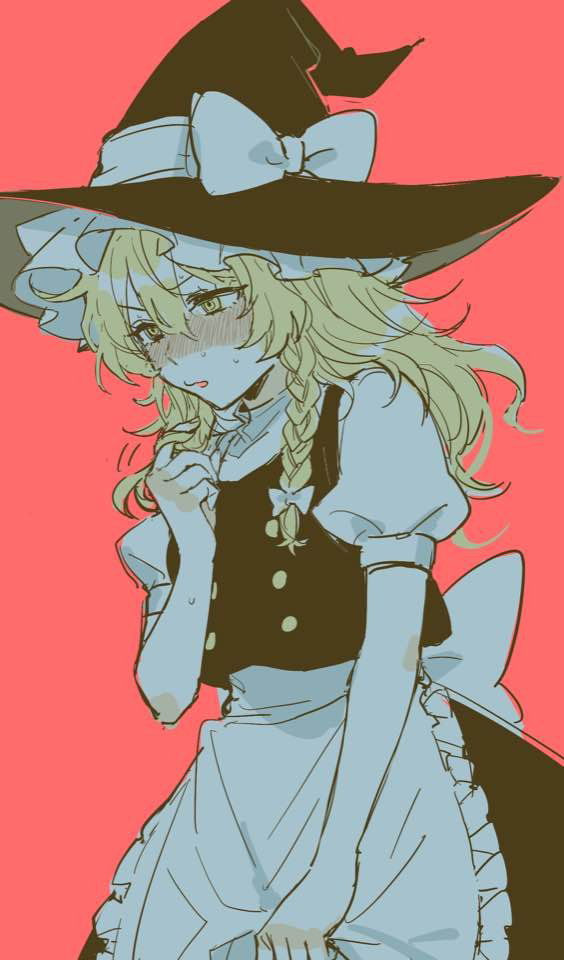 noriuma, kirisame marisa, touhou, commentary request, 1girl, apron, black hat, black skirt, black vest, blonde hair, blush, bow, braid, buttons, embarrassed, frills, hair bow, hat, hat bow, long hair, open mouth, puffy short sleeves, puffy sleeves, red background, shirt, short sleeves, side braid, simple background, single braid, skirt, solo, sweat, vest, waist apron, white apron, white bow, white shirt, witch hat, yellow eyes