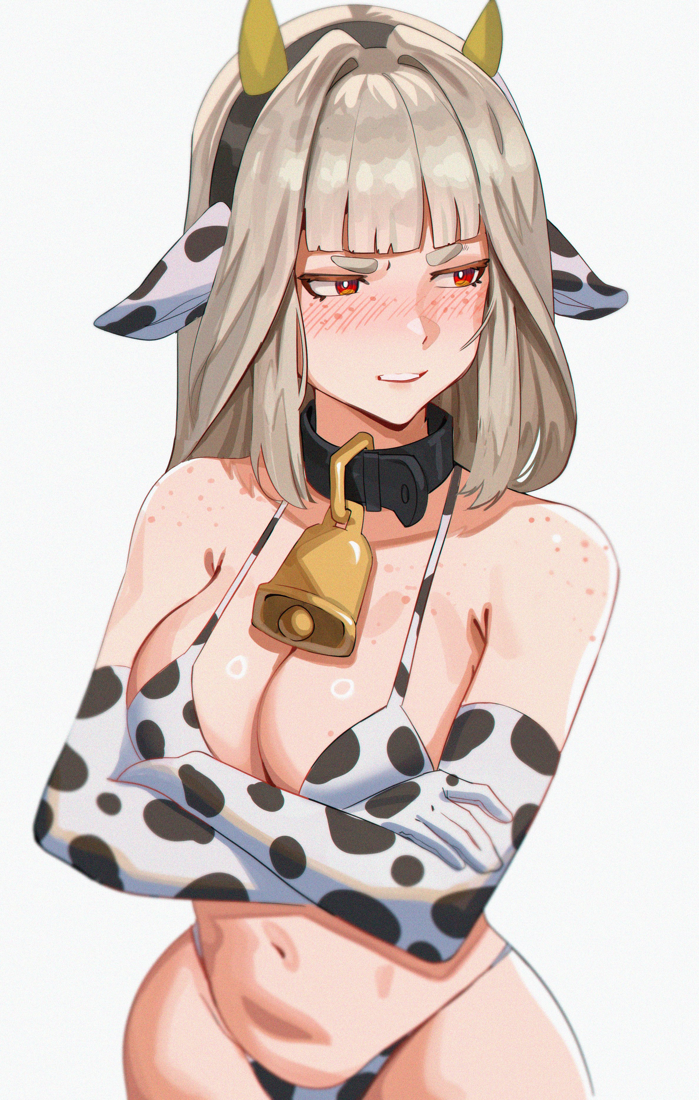 aoshiseven, original, absurdres, commentary, english commentary, highres, 1girl, animal ear hairband, animal ears, animal print, averting eyes, bell, bikini, blonde hair, blush, body freckles, breasts, bright pupils, cleavage, cow print, cow print bikini, cowbell, crossed arms, elbow gloves, fake animal ears, fake horns, freckles, gloves, hairband, horn hairband, horns, large breasts, long hair, navel, neck bell, print bikini, red eyes, simple background, solo, swimsuit, white background, white mouth, white pupils