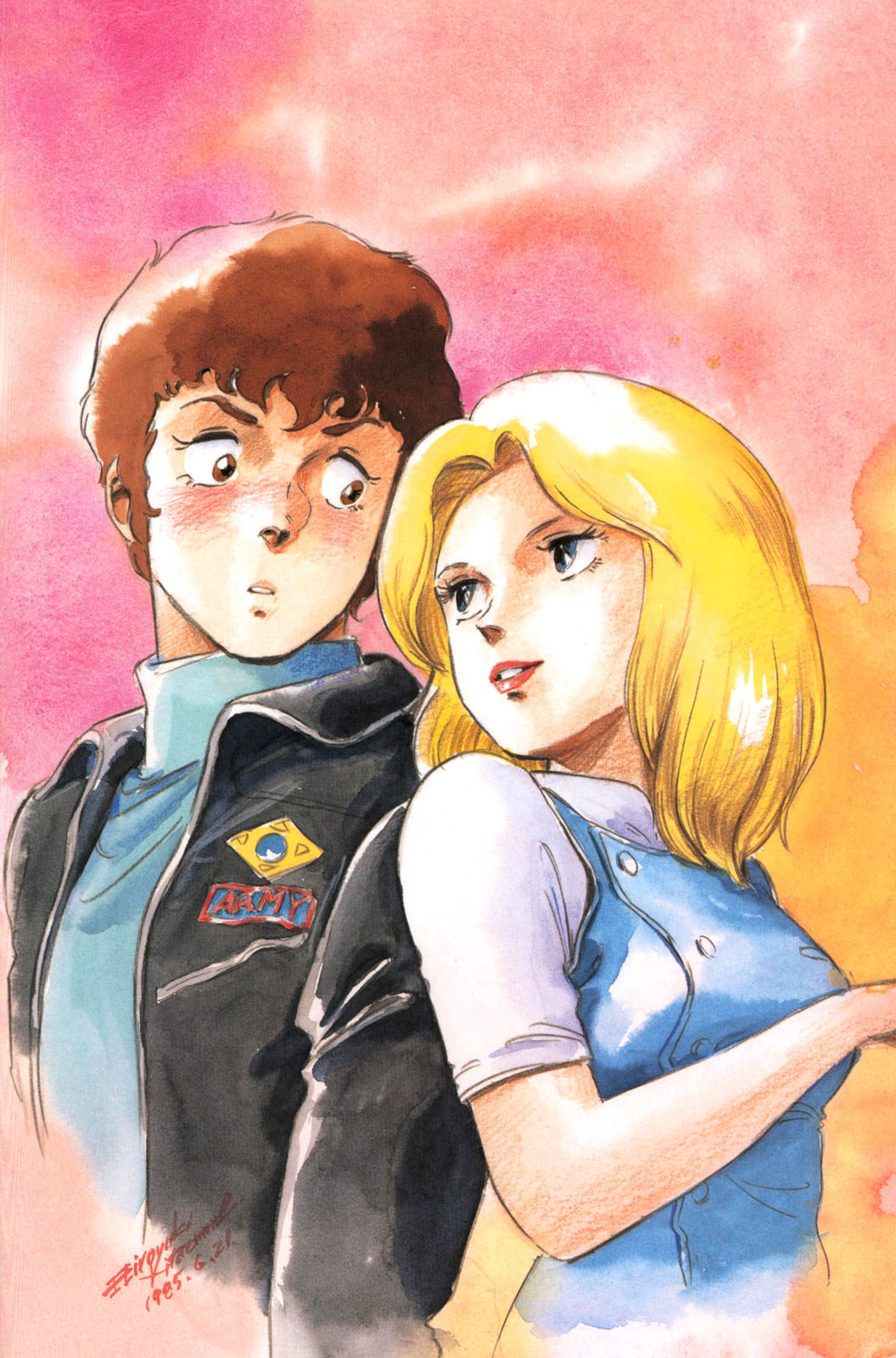 kitazume hiroyuki, amuro ray, beltorchika irma, gundam, zeta gundam, 1980s (style), highres, blush, retro artstyle, white devil