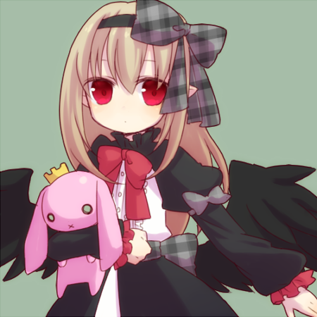 dark feather alma, emil chronicle online, lowres, 1girl, black dress, black hairband, black ribbon, black wings, blonde hair, dress, green background, hairband, holding, holding stuffed toy, neck ribbon, pointy ears, red eyes, red ribbon, ribbon, ribbon-trimmed hairband, solo, stuffed animal, stuffed rabbit, stuffed toy, tarou 4, white dress, wings