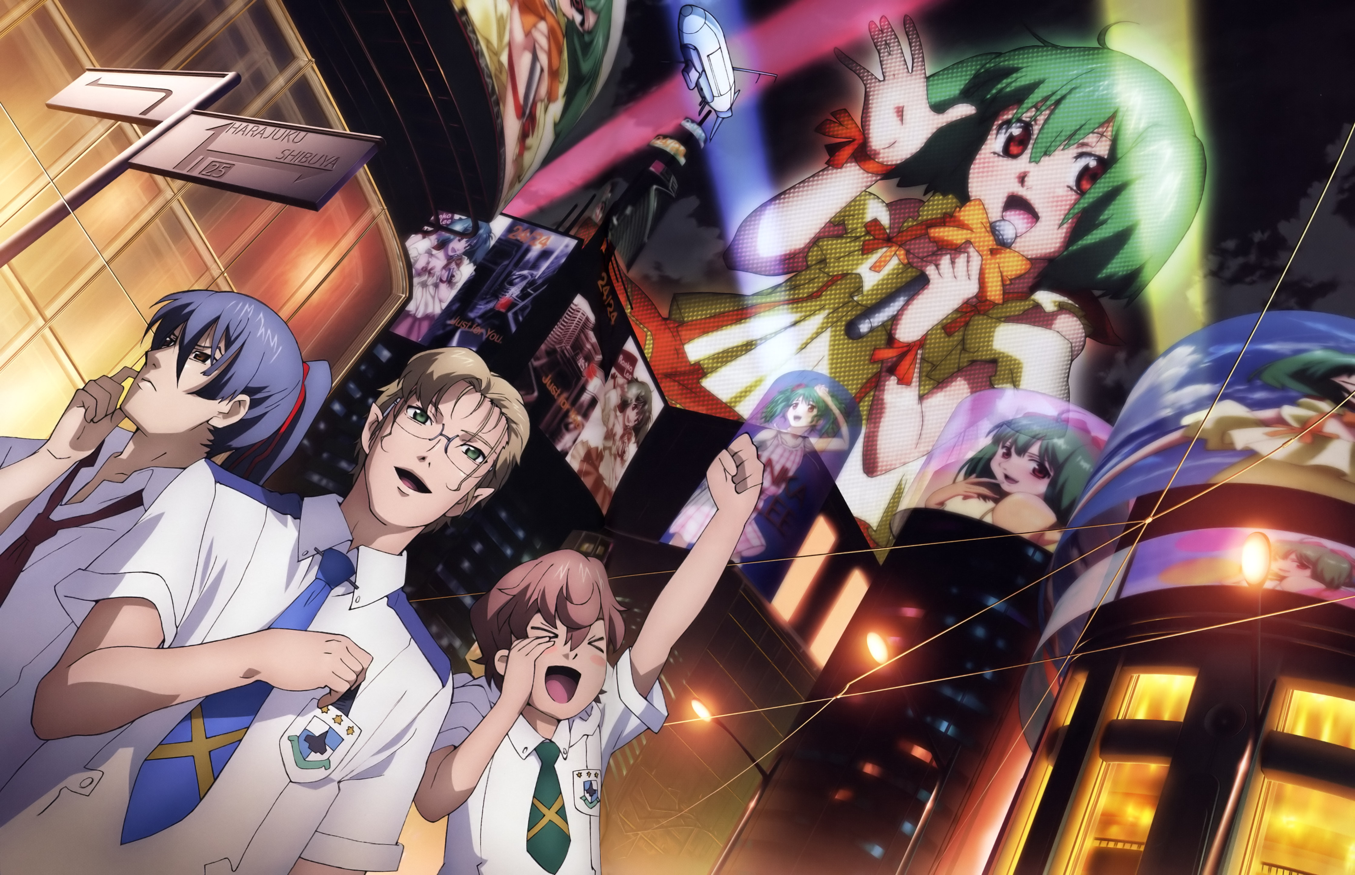 takahashi yuuichi, luca angeloni, mikhail buran, ranka lee, saotome alto, macross, macross frontier, newtype, absurdres, detexted, highres, official art, scan, third-party edit, > <, 00s, 1girl, 3boys, city, closed eyes, dutch angle, floating screen, glasses, microphone, multiple boys, music, pointy ears, singing