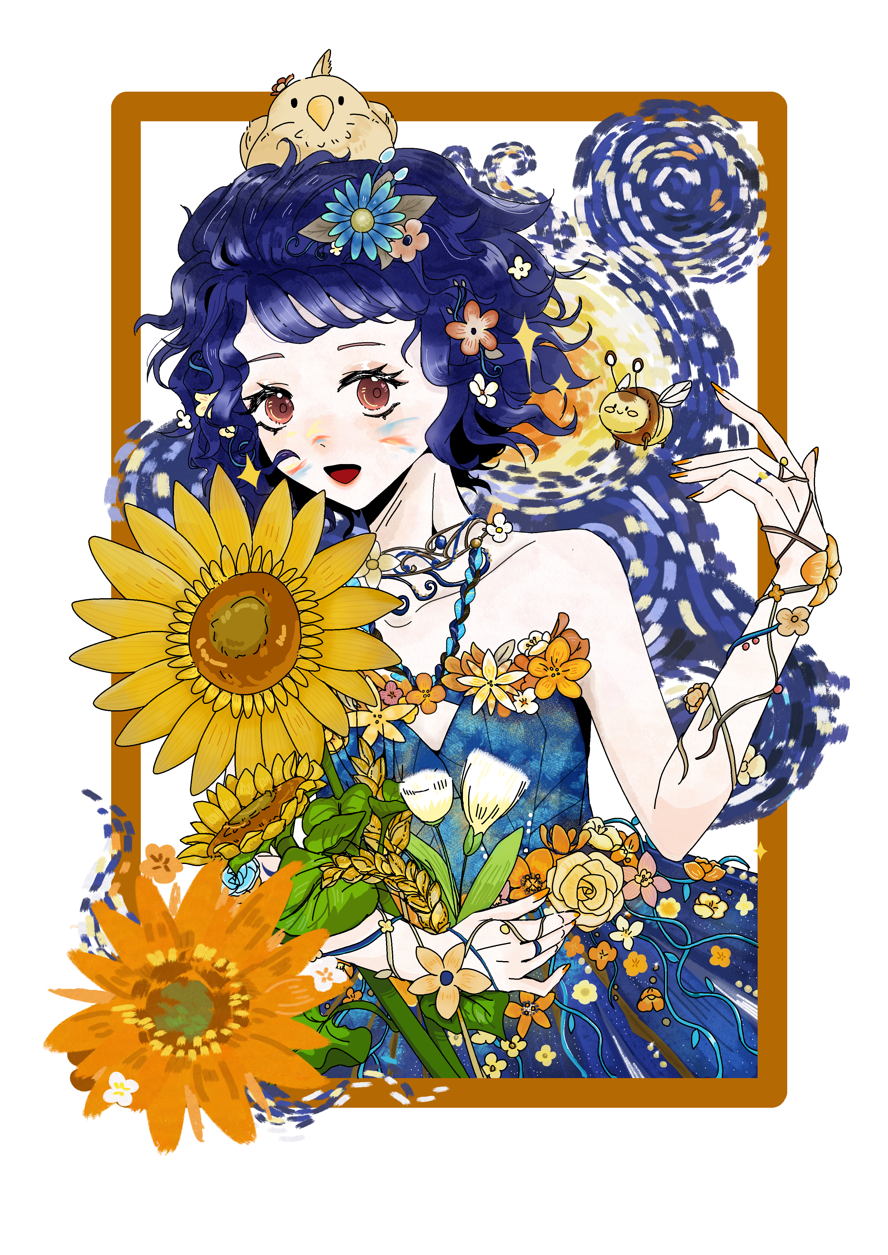 infinity nikki, nikki (series), absurdres, highres, 1girl, animal, animal on head, arm ribbon, bare shoulders, bee, bird, bird on head, blue dress, blue flower, blue hair, blue ribbon, bouquet, brown eyes, bug, chicken, choker, collarbone, cowboy shot, daisy (flower), dot nose, dress, eyelashes, facepaint, flower, foodie bee, grains of yesterday (infinity nikki), hair flower, hair ornament, happy, holding, holding bouquet, insect, jewelry, lips, looking at viewer, messy hair, nail polish, official alternate color, on head, open mouth, orange nails, outside border, picture frame, pink lips, qingming683, red flower, ribbon, ring, short hair, sleeveless, sleeveless dress, smile, solo, sparkle, sunflower, swept bangs, transparent background, white flower, yellow flower
