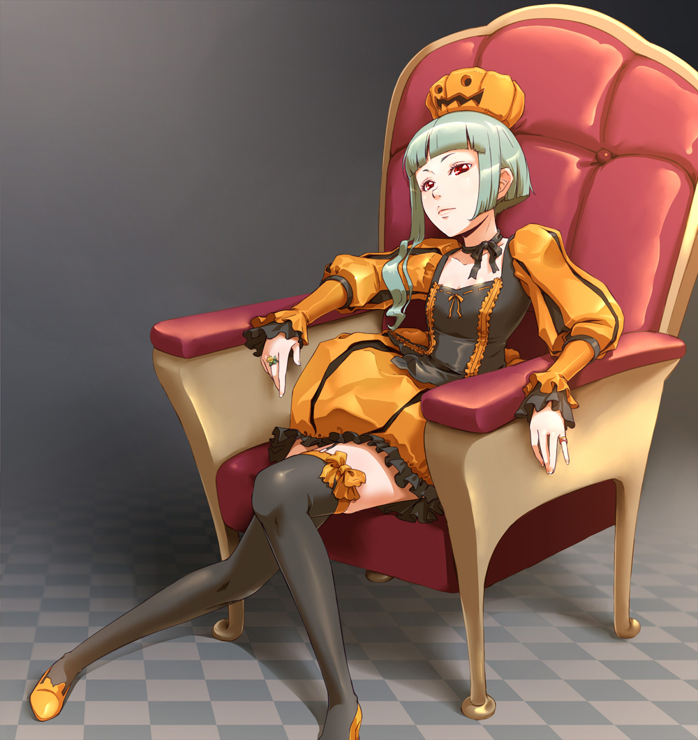 toshi punk, original, 1girl, armchair, bubble skirt, chair, checkered floor, choker, dress, female focus, floor, food-themed clothes, food as clothes, garter belt, garter straps, green hair, halloween, hat, jack-o'-lantern, jewelry, orange shoes, orange skirt, pumpkin, pumpkin hat, red eyes, red upholstery, ring, shoes, short hair, sitting, skirt, solo, thighhighs, zettai ryouiki