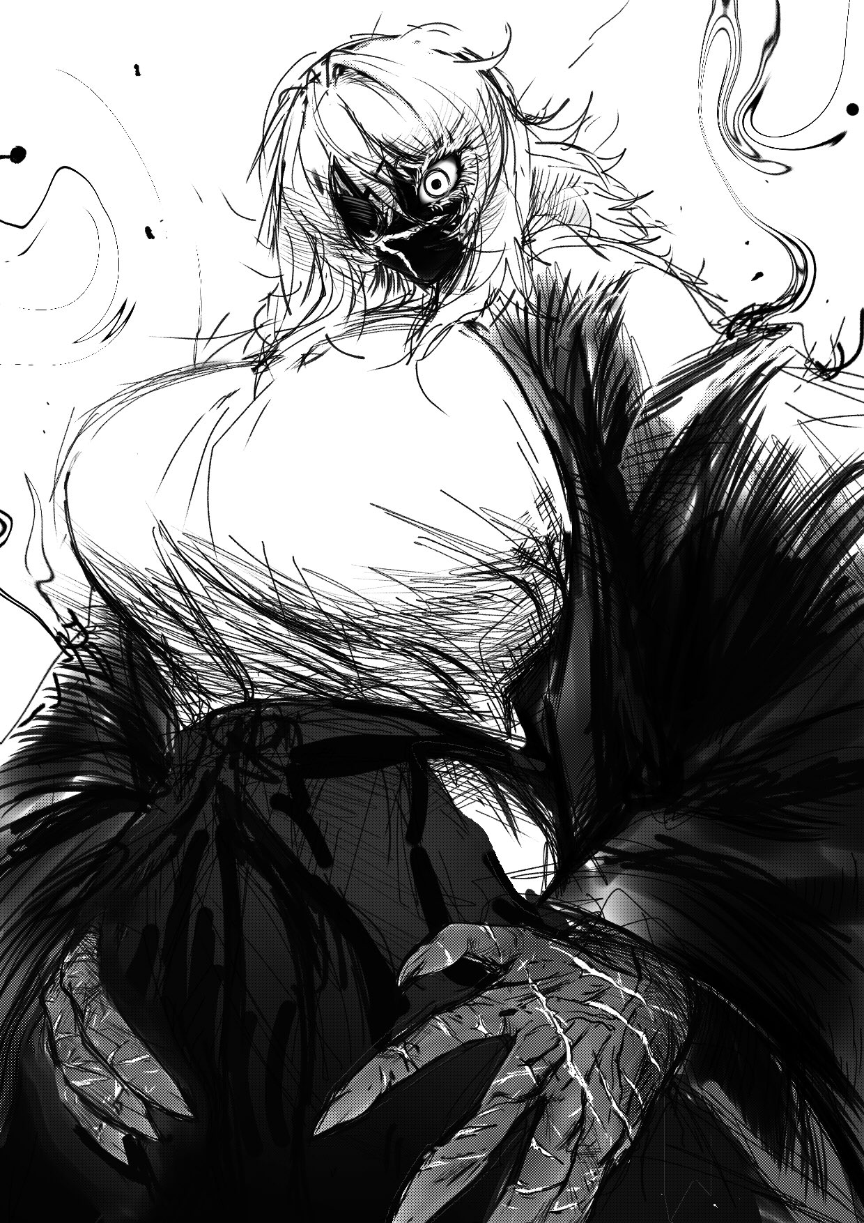 original, highres, 1girl, aura, breasts, eyepatch, eyes in shadow, face in shadow, from below, greyscale, hakama, huge breasts, japanese clothes, kimono, lihayato, long hair, monochrome, open clothes, open kimono, scar, scar on face, scar on hand, sketch, solo
