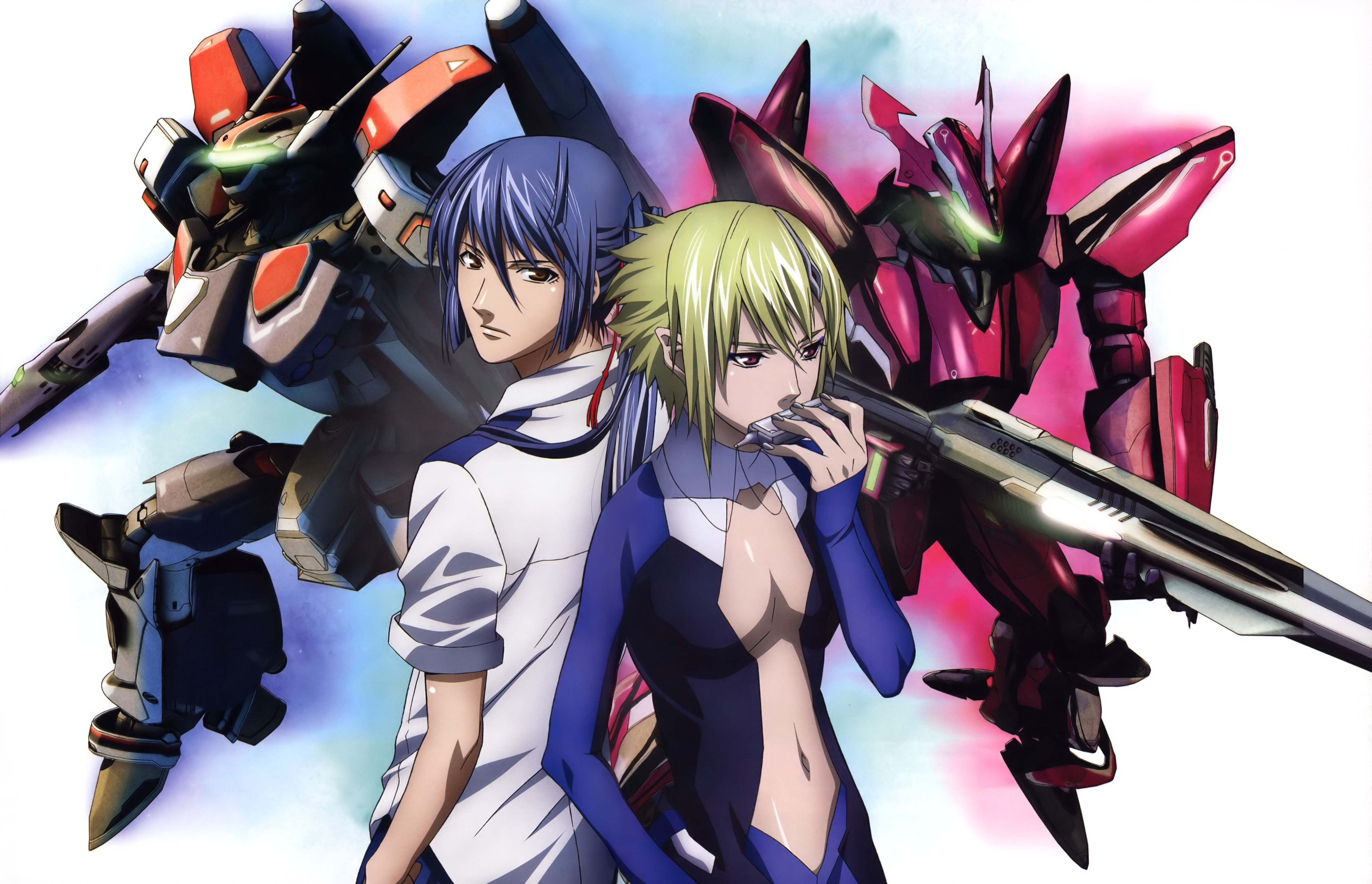 brera sterne, saotome alto, vf-25, vf-27, macross, macross frontier, absurdres, highres, scan, 00s, 2boys, mecha, multiple boys, robot, school uniform