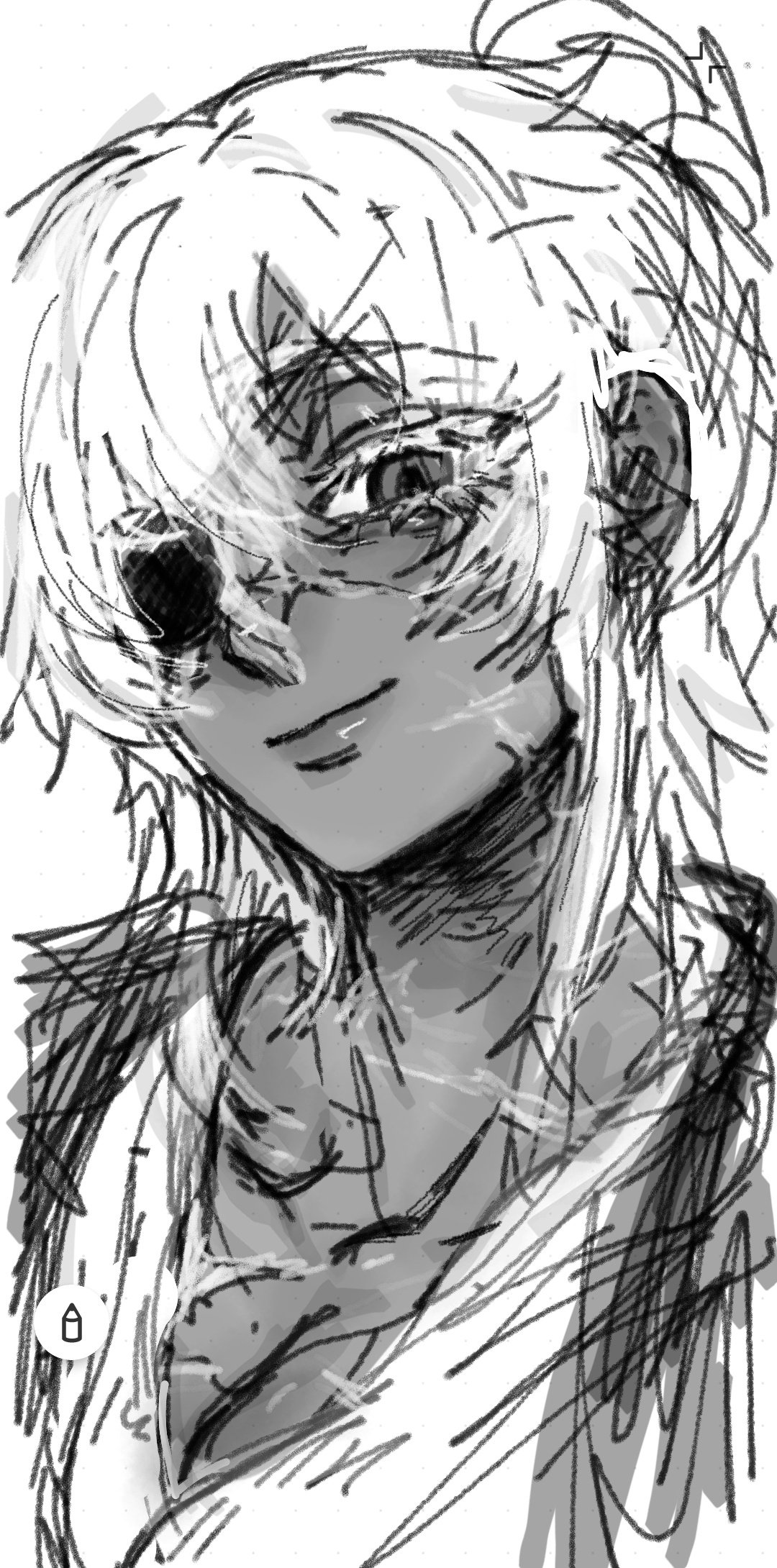 original, commentary request, highres, 1girl, dark-skinned female, dark skin, eyepatch, facial scar, greyscale, hair between eyes, lihayato, monochrome, ponytail, portrait, scar, scar on cheek, scar on face, simple background, sketch, smile, solo, white background