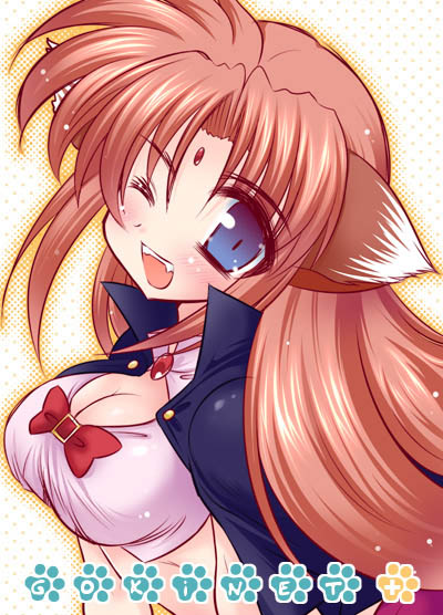 shiitake miya donko, arf, lyrical nanoha, mahou shoujo lyrical nanoha, 00s, 1girl, animal ears, breasts, cleavage, fang, female focus, one eye closed, solo, wink