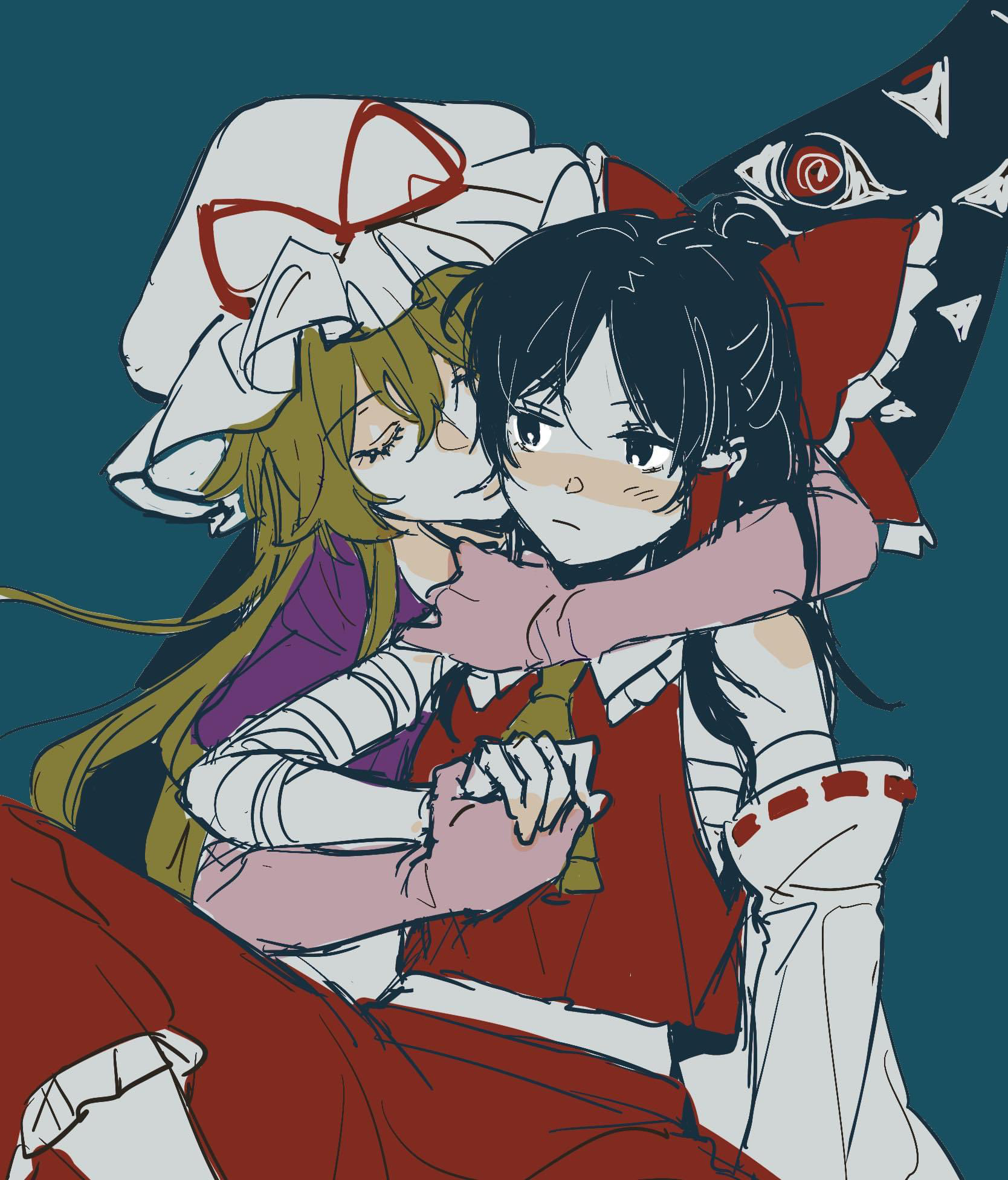 noriuma, hakurei reimu, yakumo yukari, touhou, commentary request, highres, 2girls, ascot, black eyes, black hair, blonde hair, bow, detached sleeves, dress, elbow gloves, frilled bow, frilled hair tubes, frills, gap (touhou), gloves, hair bow, hair tubes, hat, hat ribbon, holding hands, hug, hug from behind, long hair, mob cap, multiple girls, pink gloves, purple dress, red bow, red ribbon, red shirt, red skirt, ribbon, ribbon-trimmed sleeves, ribbon trim, sarashi, shirt, sketch, skirt, skirt set, white hat, yellow ascot, yuri