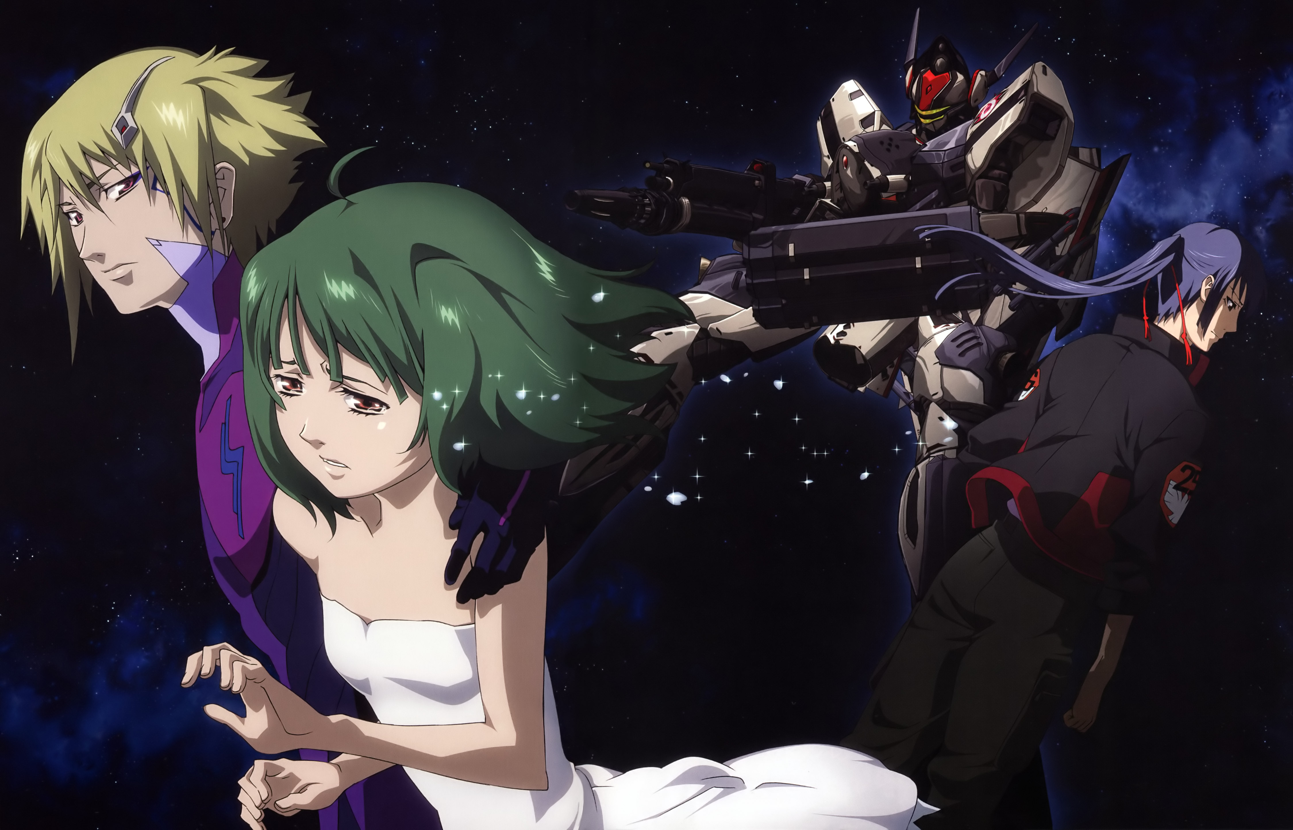 brera sterne, macross galaxy, ranka lee, saotome alto, vf-171, macross, macross frontier, pilot suit, absurdres, highres, official art, promotional art, scan, spoilers, 00s, 1girl, 2boys, ahoge, blonde hair, bodysuit, brother and sister, cyborg, dress, galaxy, green hair, jacket, mecha, military, military uniform, milky way, multiple boys, n.u.n.s., robot, s.m.s., science fiction, siblings, space, spacesuit, star (sky), tears