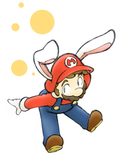 bunny mario, mario, mario (series), nintendo, super mario land 2, 1boy, animal ears, blue eyes, brown hair, facial hair, gloves, hat, male focus, mustache, overalls, rabbit ears, solo