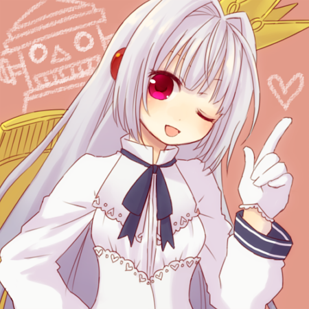 briking rx1 alma, emil chronicle online, lowres, 1girl, android, blue ribbon, breasts, corset, crown, dress, floating, floating object, gloves, heart, long hair, neck ribbon, one eye closed, orange background, pointing, pointing up, purple eyes, ribbon, robot ears, small breasts, solo, spoken heart, tarou 4, white corset, white dress, white gloves, white hair