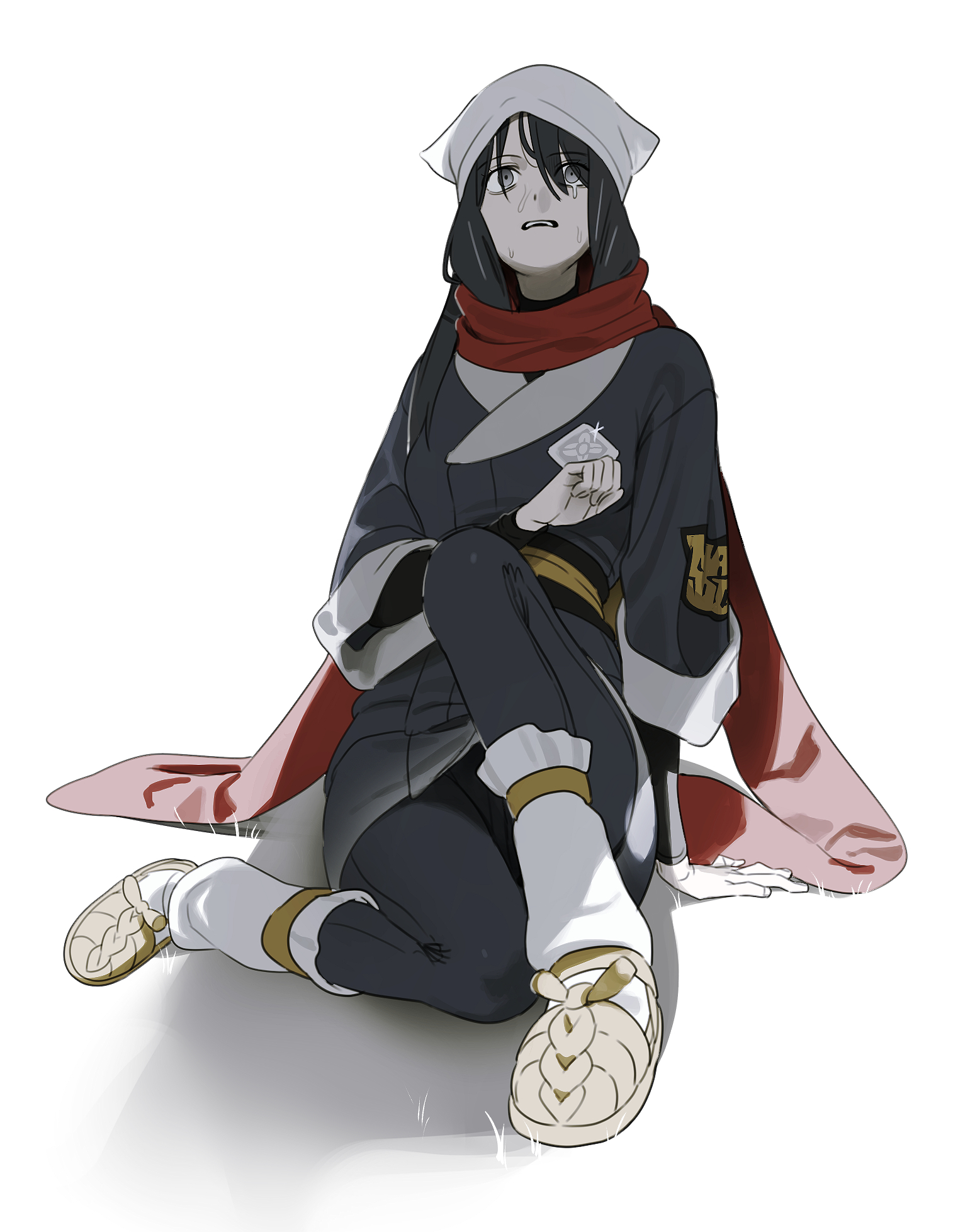 987645321o, teario, akari (pokemon), nintendo, pokemon, pokemon legends: arceus, highres, 1girl, arm on knee, black hair, black kimono, black leggings, blue kimono, brown sandals, crying, crying with eyes open, dirty, dirty face, drop shadow, facing viewer, galaxy expedition team survey corps uniform, grey eyes, grey kimono, hair over eyes, hand on ground, hand on own chest, headscarf, japanese clothes, kimono, knee up, leggings, looking ahead, looking up, on grass, on ground, open mouth, red scarf, sandals, scared, scarf, sitting, sleeves rolled up, socks, streaming tears, sweatdrop, tears, wariza, white background, white headscarf, white socks, wide-eyed