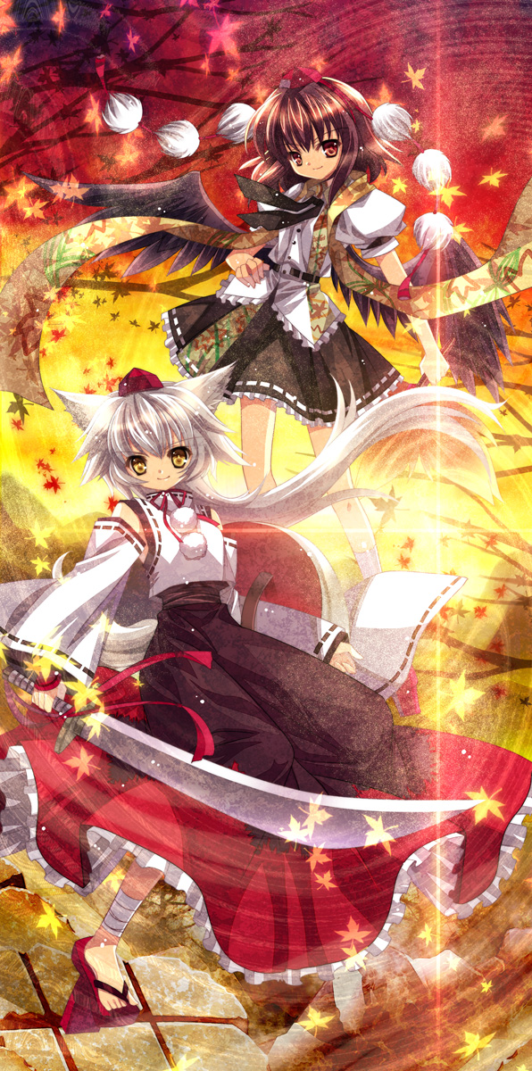 capura lin, inubashiri momiji, shameimaru aya, touhou, highres, 2girls, animal ears, black wings, female focus, geta, hat, leaf, long skirt, multiple girls, skirt, sword, tail, tengu-geta, weapon, wings, wolf ears, wolf tail