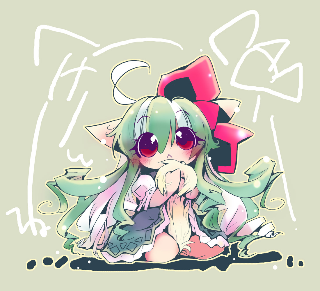usoneko, ex-keine, kamishirasawa keine, touhou, bad id, bad pixiv id, 1girl, :<, ahoge, blush, bow, chibi, dress, drill hair, female focus, green hair, horns, hugging own tail, hugging tail, long hair, red eyes, ribbon, solo, tail, tail grab