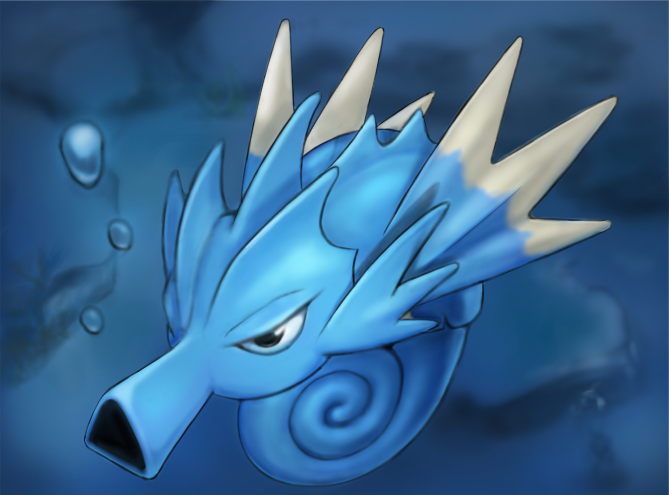 suzuki (pixiv 9092094), seadra, nintendo, pokemon, air bubble, black eyes, blurry, blurry background, bubble, gen 1 pokemon, no humans, pokemon (creature), underwater