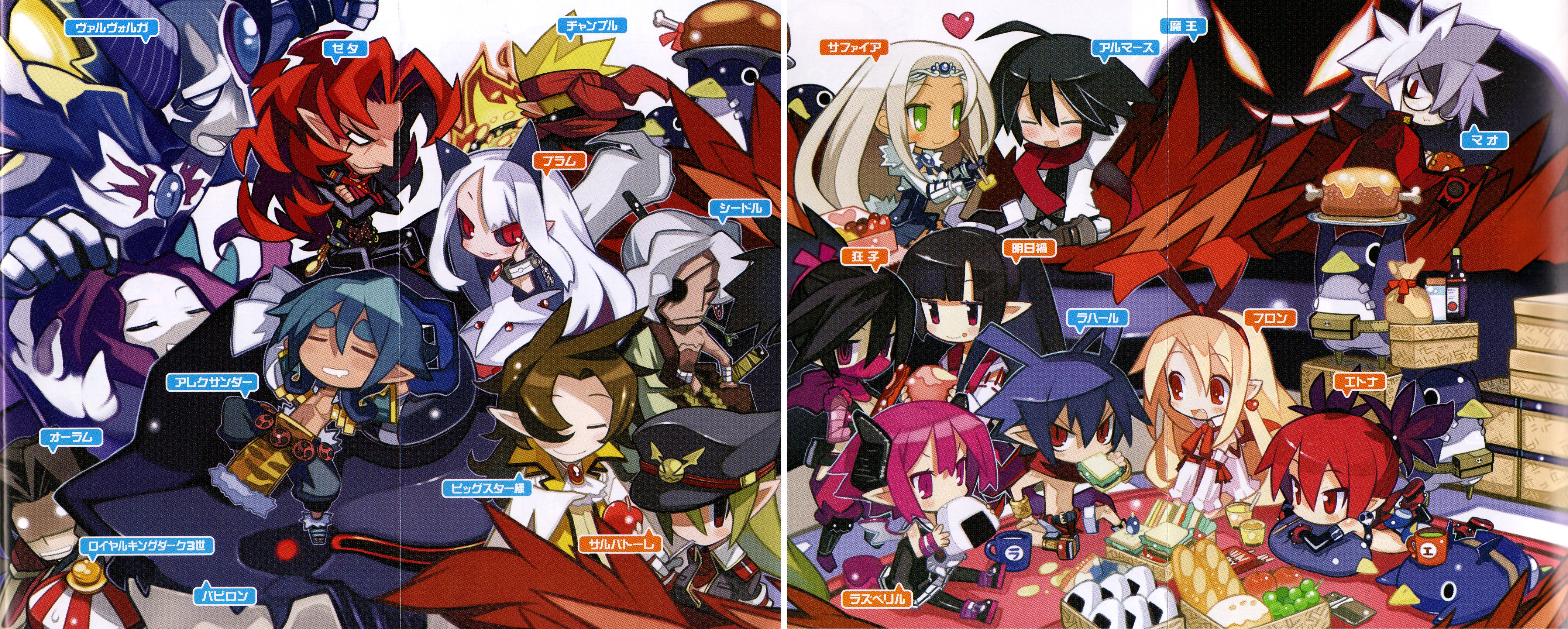 harada takehito, yamamoto keiji, alexander (makai kingdom), alexander (phantom kingdom), almaz von almadine adamant, asuka cranekick, aurum, aurum (disgaea), babylon (makai kingdom), babylon (phantom kingdom), champloo, etna (disgaea), flonne, king drake, kyoko needleworker, laharl, mao (disgaea), master big star, master bigstar, mr. champloo, pram (phantom kingdom), prinny, raspberyl, salvatore, salvatore (disgaea), sapphire rhodonite, seedle, seedle (phantom kingdom), valvoga, valvoga (phantom kingdom), zetta (phantom kingdom), disgaea, makai senki disgaea 3, nippon ichi, phantom kingdom, absurdres, highres, translation request, 6+boys, 6+girls, ahoge, antenna hair, apple, bento, black hair, blonde hair, blue hair, blunt bangs, bread, brown hair, chips (food), cup, dark skin, demon, demon boy, demon girl, drink, eating, food, food on face, fruit, glasses, glowing, grapes, green eyes, green hair, hat, heart, high ponytail, horns, long hair, mask, meat, mitsudomoe (shape), mouth mask, mug, multiple boys, multiple girls, ninja mask, onigiri, pantyhose, peaked cap, pelvic curtain, pink eyes, pink hair, plate, pointy ears, ponytail, potato chips, purple hair, red eyes, red hair, saliva, sandwich, scarf, school uniform, serafuku, shorts, sitting, sleeping, spiked hair, star-shaped pupils, star (symbol), symbol-shaped pupils, tan, thick eyebrows, tomoe (symbol), topless male, very long hair, wavy hair, white hair, wings