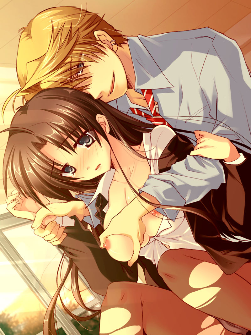 izumi makoto, torn legwear, 1boy, 1girl, breasts, grabbing another's breast, groping, hetero, jiko shoukai ha zuiji koushin, panties, pantyhose, torn clothes, underwear, undressing