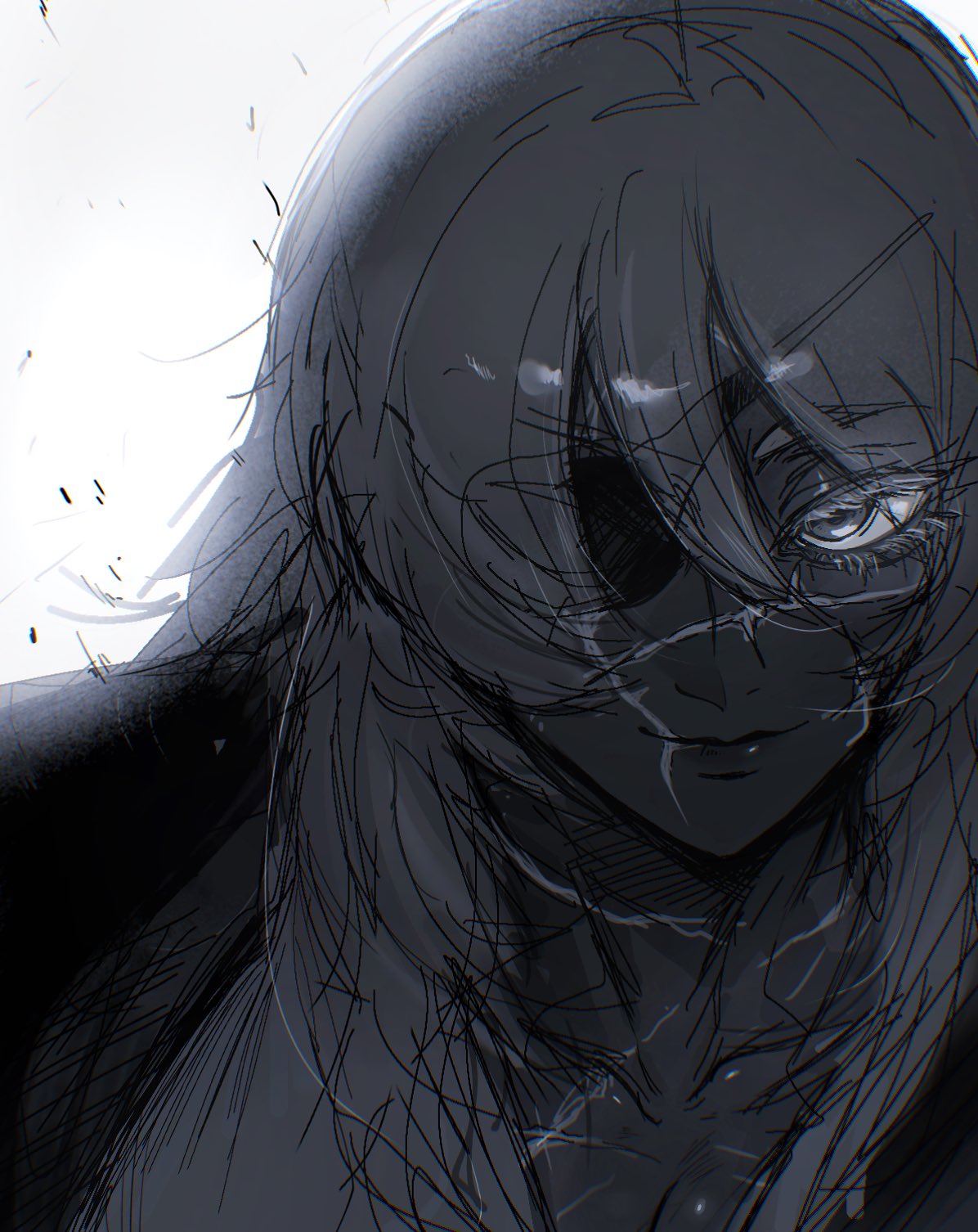 original, commentary, highres, symbol-only commentary, 1girl, backlighting, eyepatch, facial scar, hair between eyes, light smile, lihayato, long hair, monochrome, portrait, scar, scar on cheek, scar on face, scar on mouth, scar on nose, solo