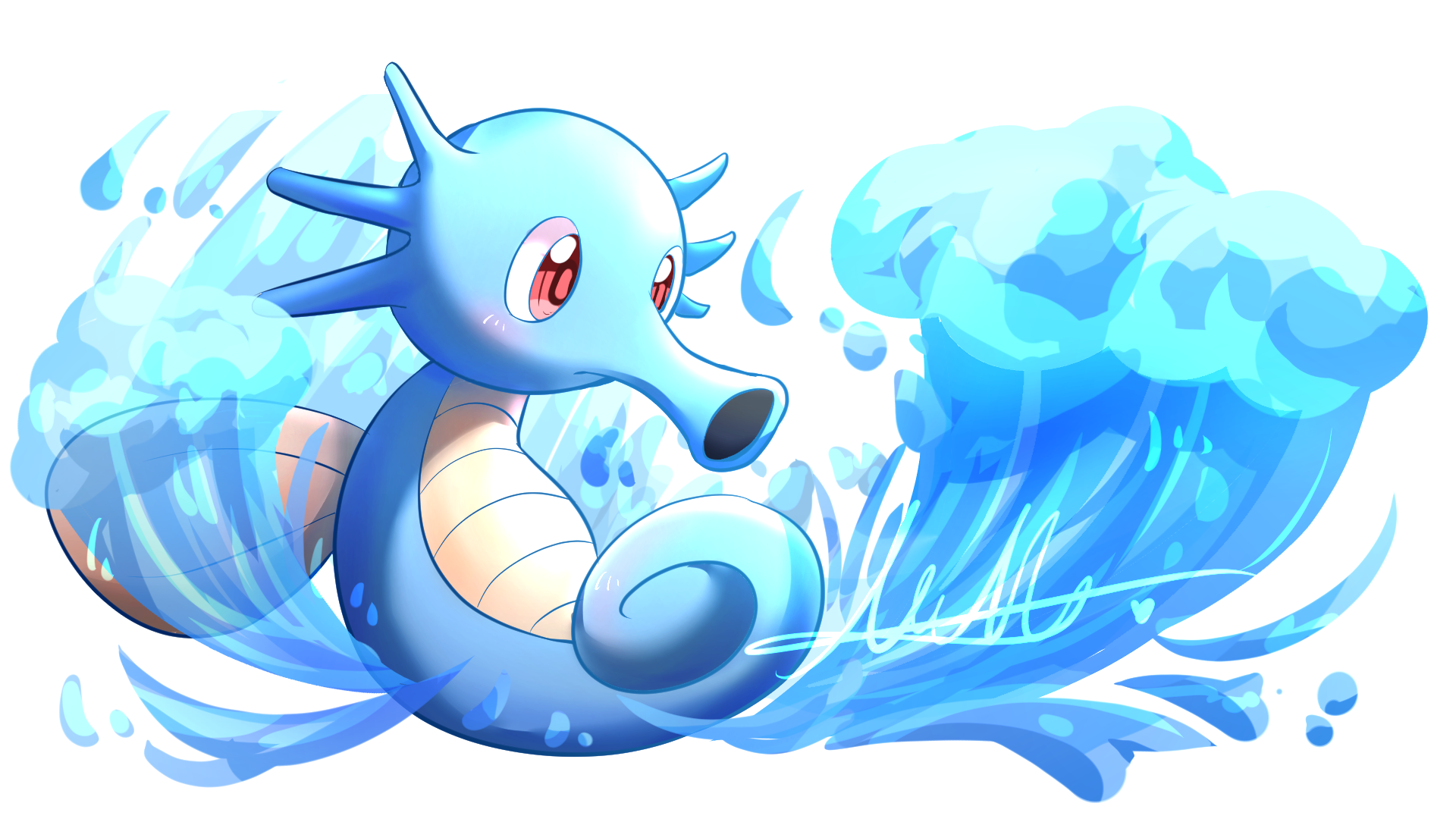 moxa ryu, horsea, nintendo, pokemon, highres, blush, full body, gen 1 pokemon, no humans, pokemon (creature), red eyes, water, white background