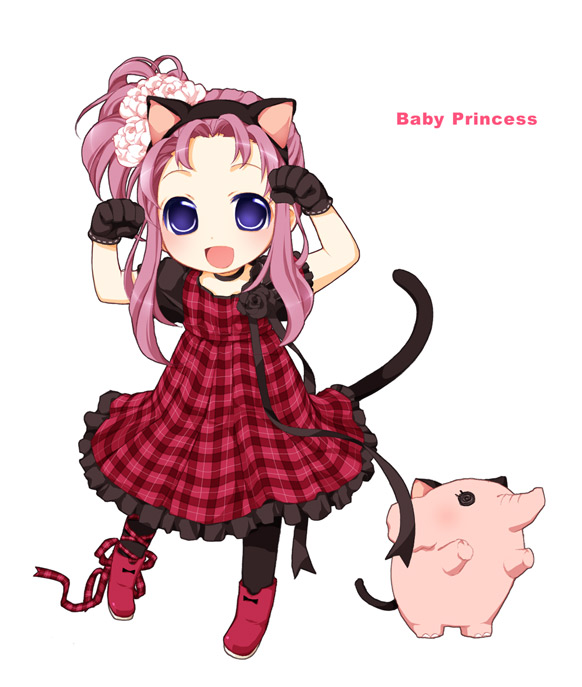koshou shichimi, amatsuka nijiko, baby princess, 10s, 1girl, animal ears, blue eyes, boots, cat ears, cat tail, chibi, dress, dress flower, elephant, female focus, flower, gloves, long hair, navel, pantyhose, paw pose, pink boots, plaid clothes, plaid dress, purple hair, ribbon, solo, tail